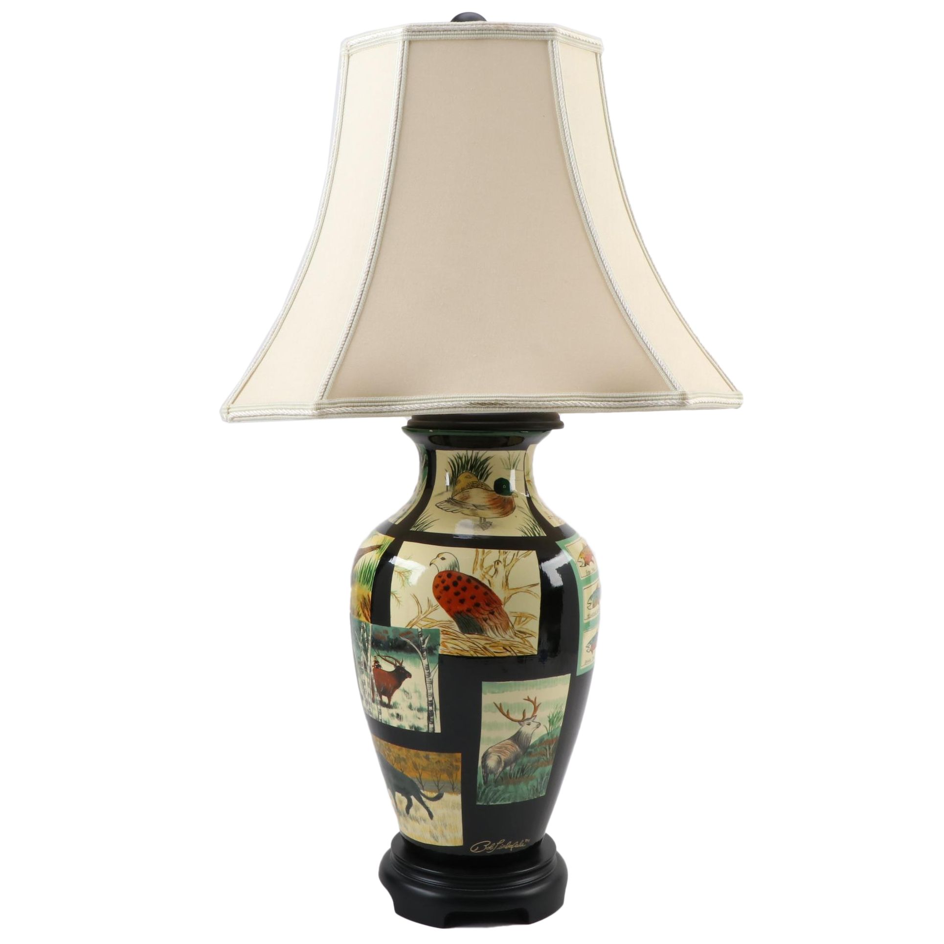 Bob Timberlake Hand-Painted Woodland Motif Ceramic Vase Table Lamp