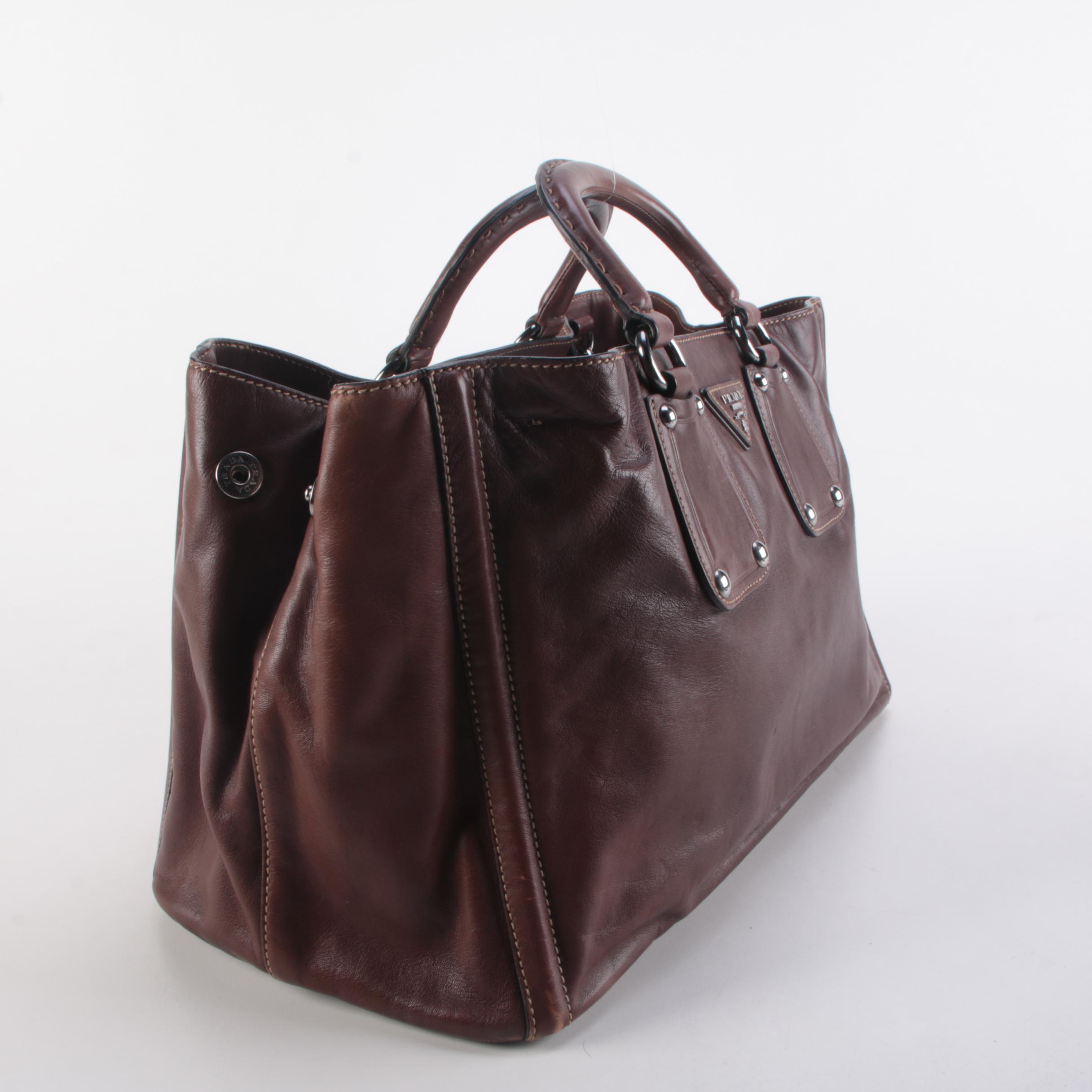 Prada Logo Plaque Brown Leather Holdall