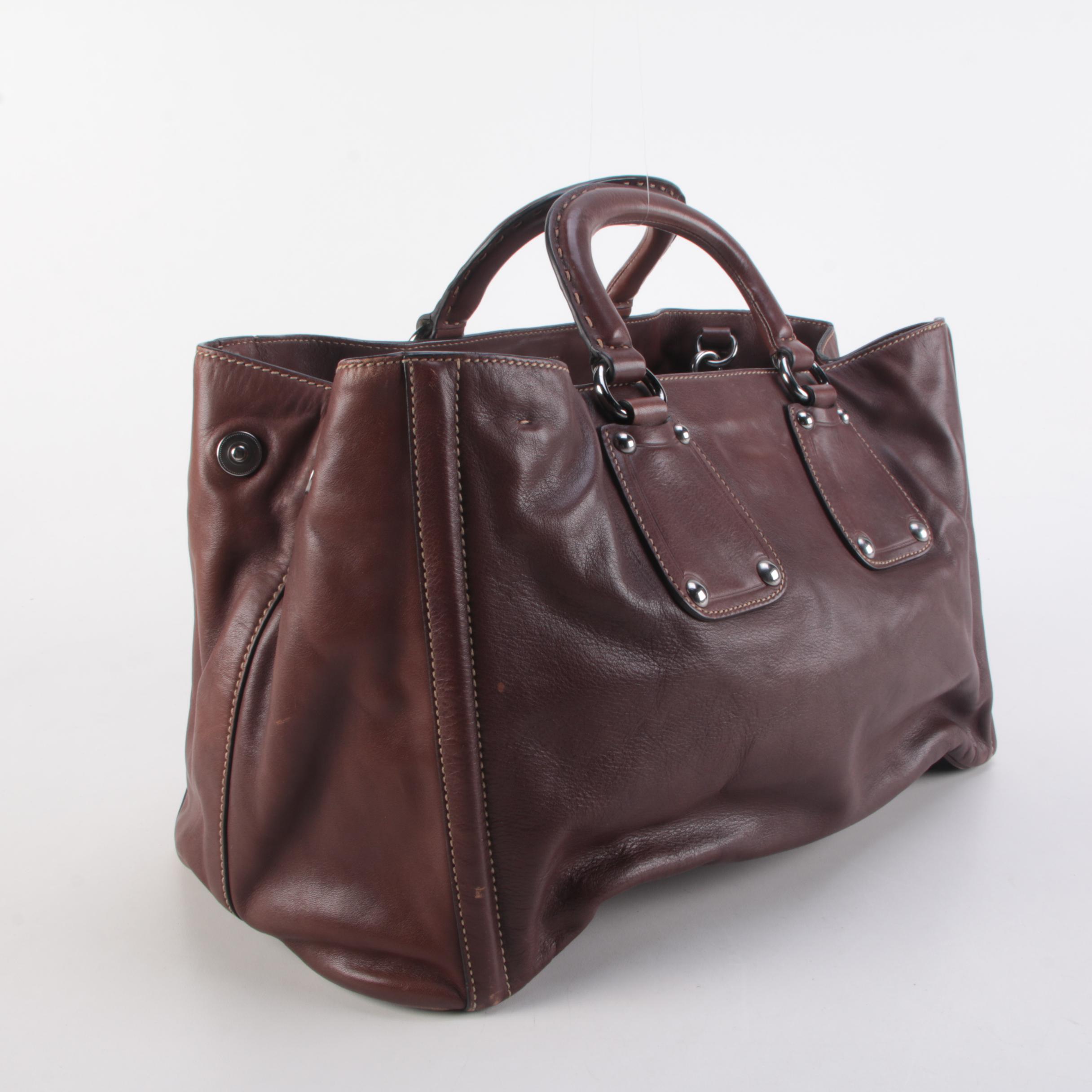 Prada Logo Plaque Brown Leather Holdall