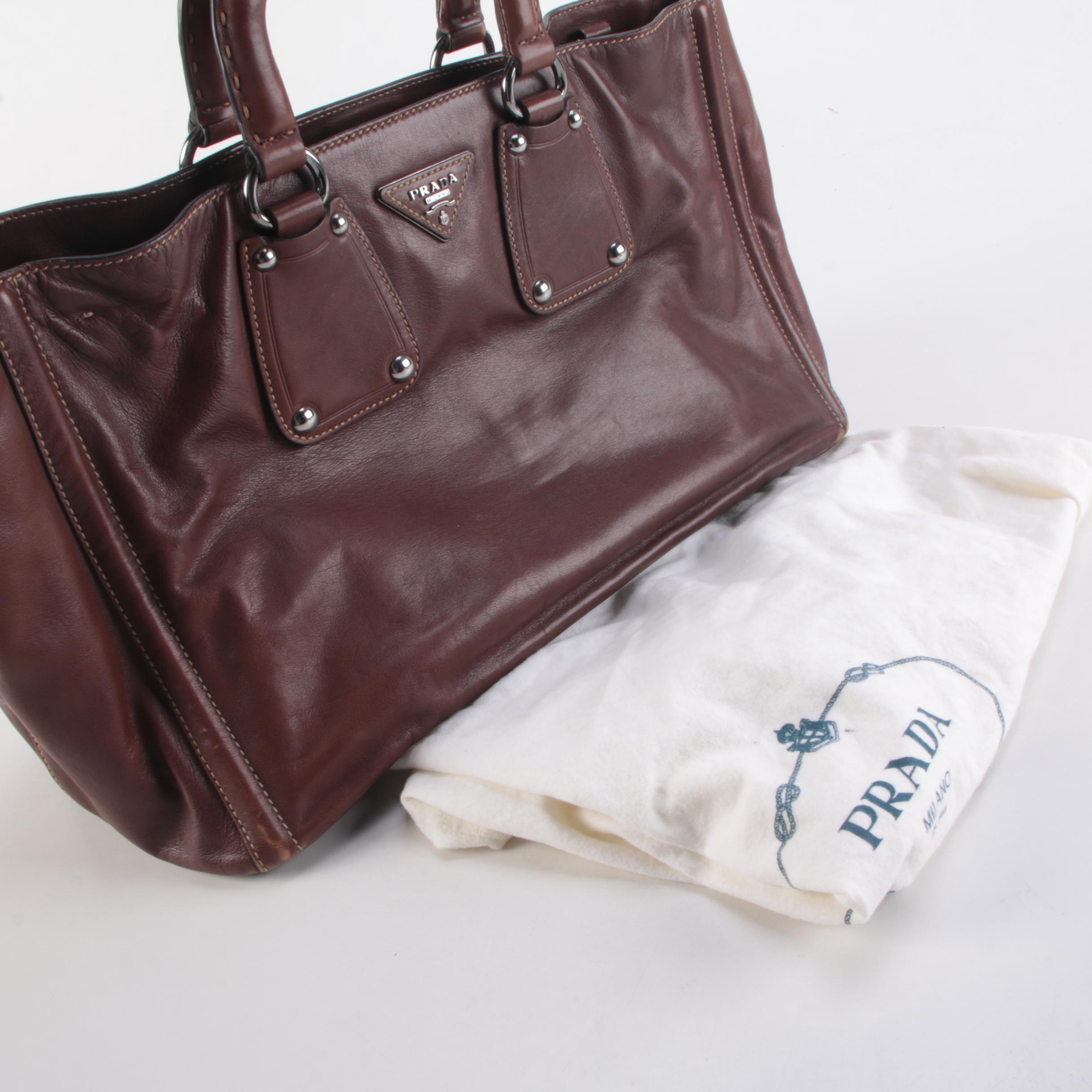 Prada Logo Plaque Brown Leather Holdall