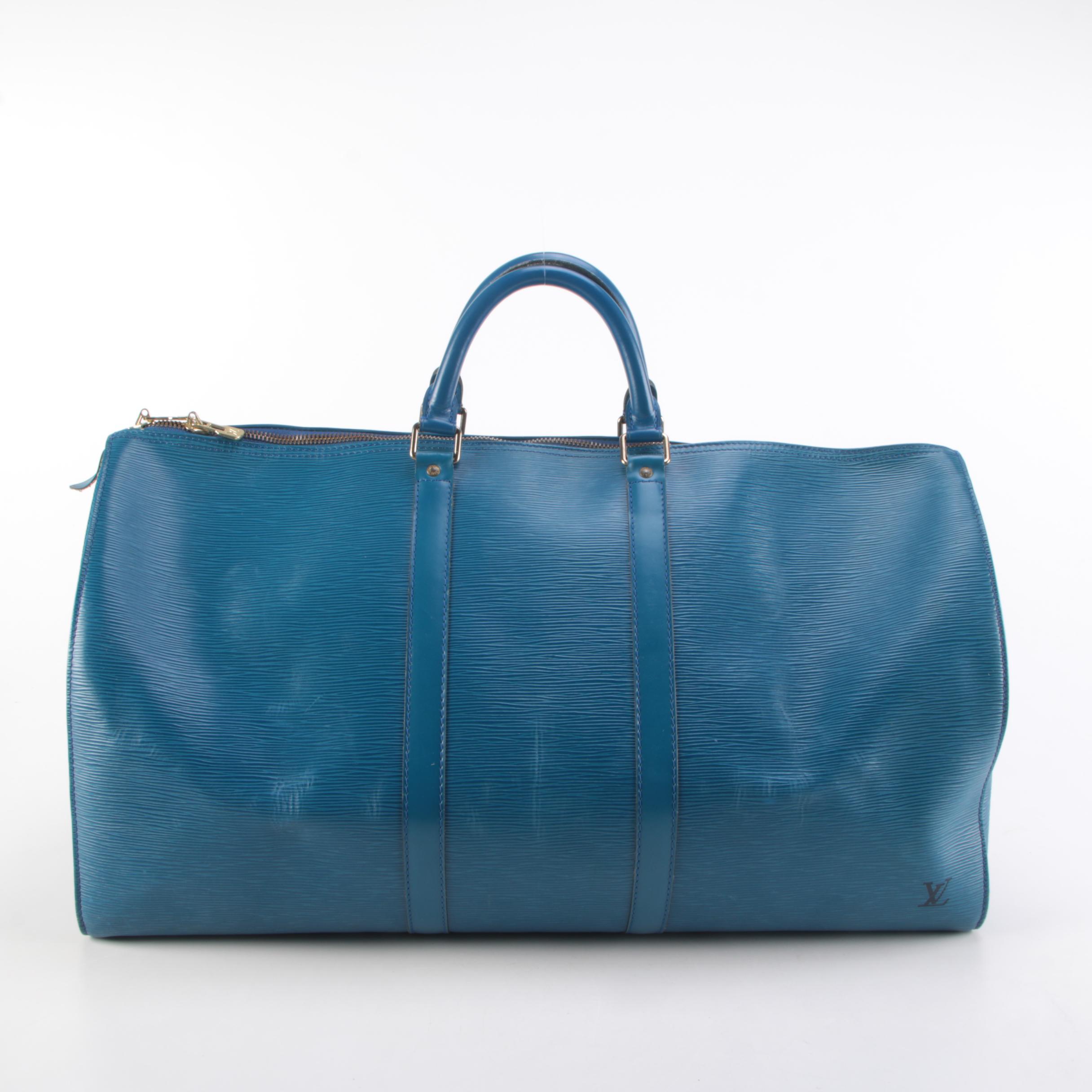 Louis Vuitton Keepall 55 Travel Bag in Toledo Blue Epi and Smooth Leather