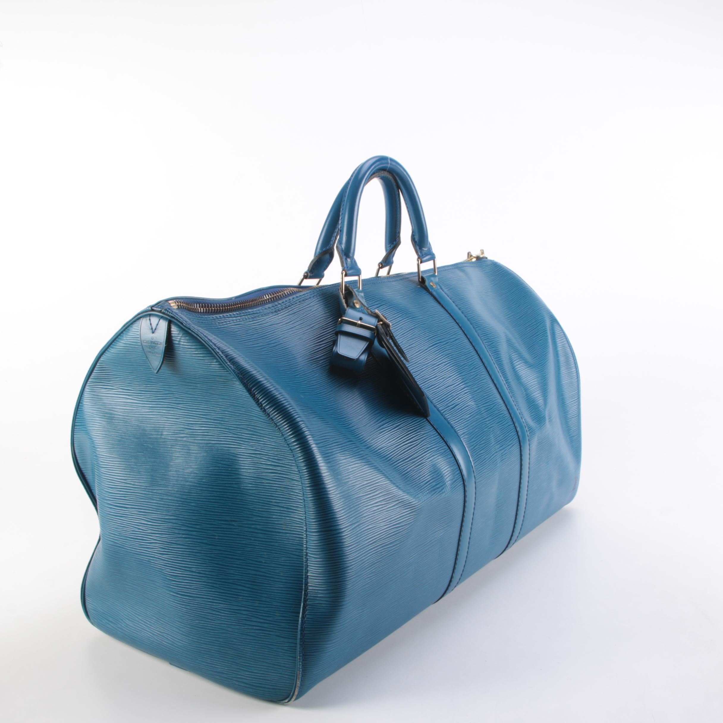Louis Vuitton Keepall 55 Travel Bag in Toledo Blue Epi and Smooth Leather