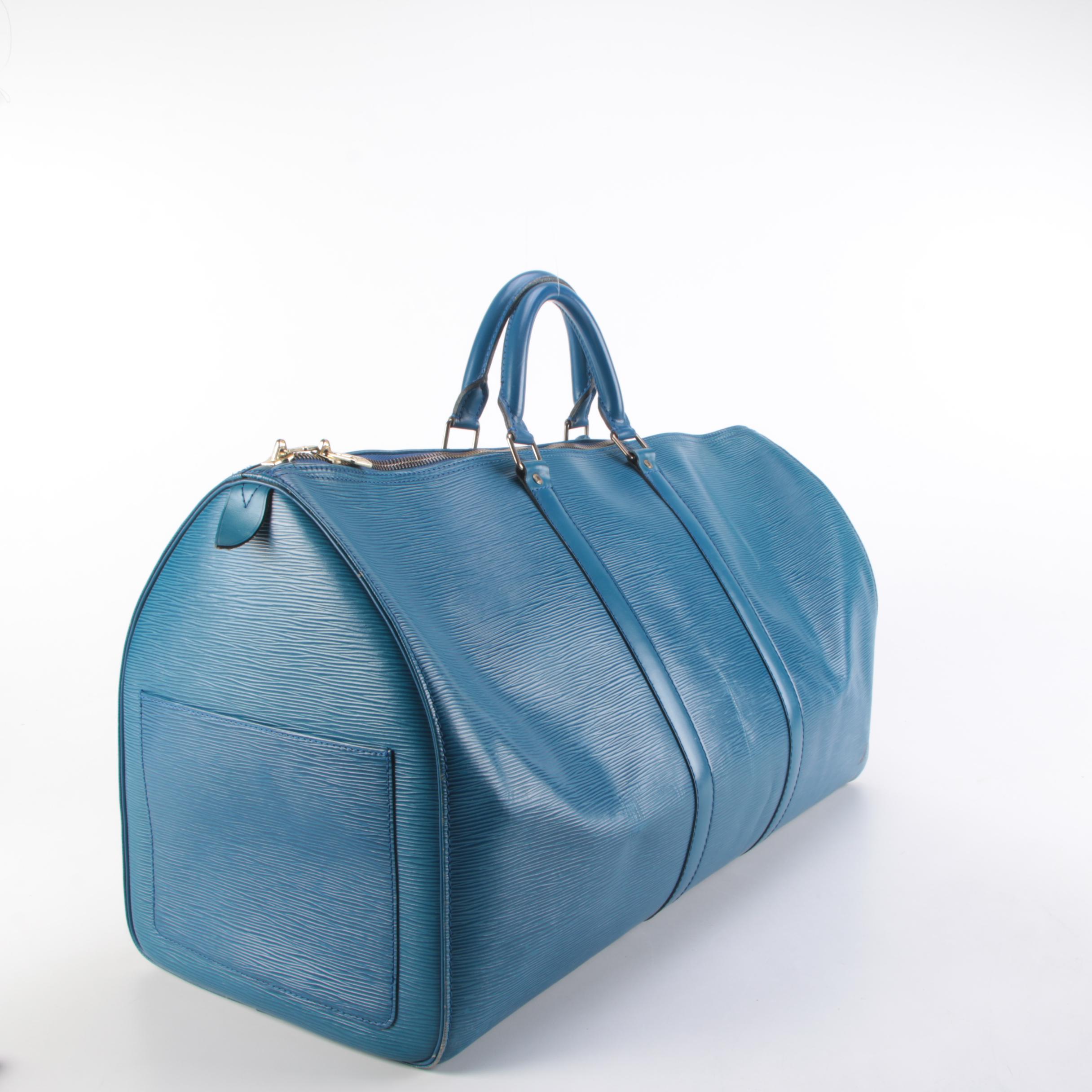 Louis Vuitton Keepall 55 Travel Bag in Toledo Blue Epi and Smooth Leather