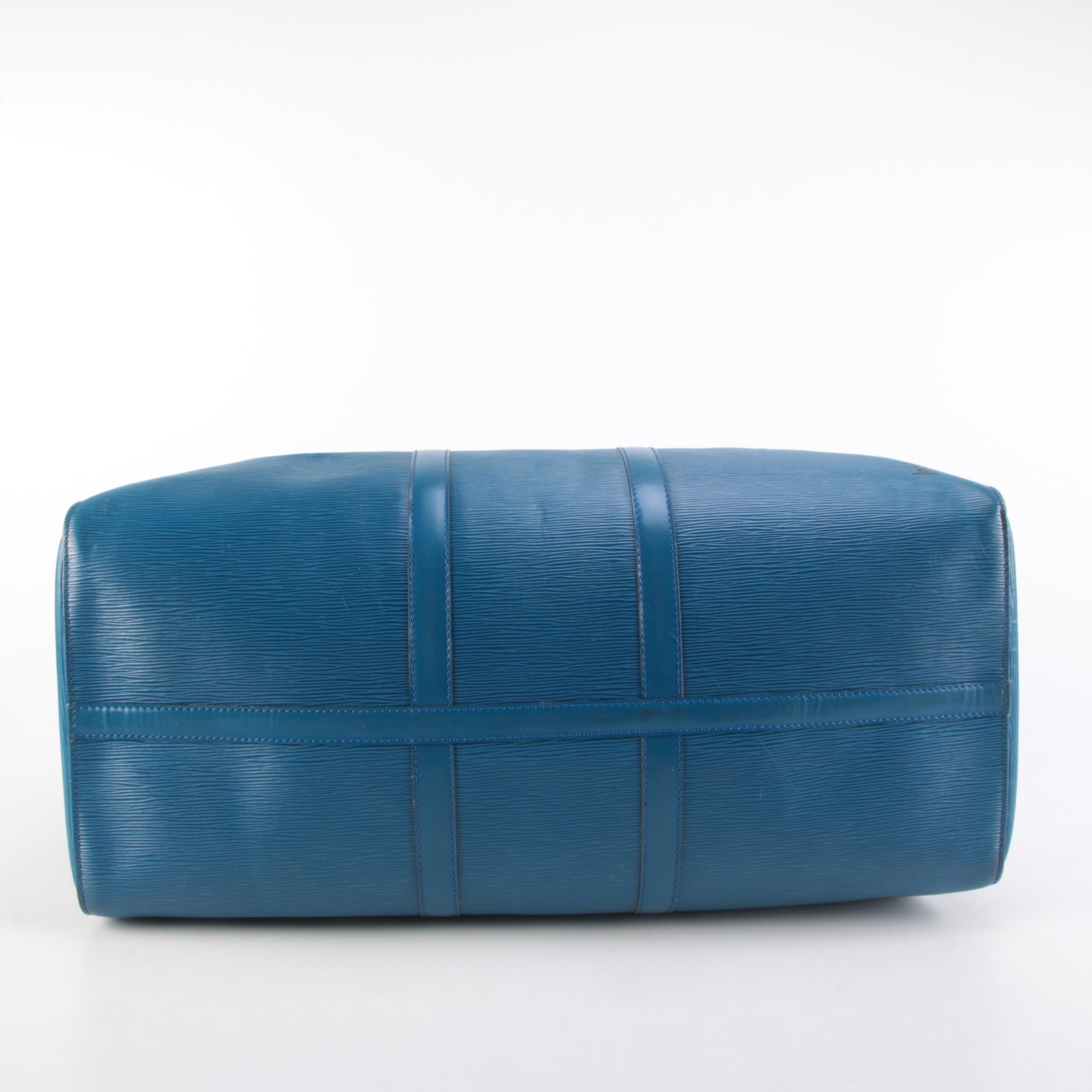 Louis Vuitton Keepall 55 Travel Bag in Toledo Blue Epi and Smooth Leather