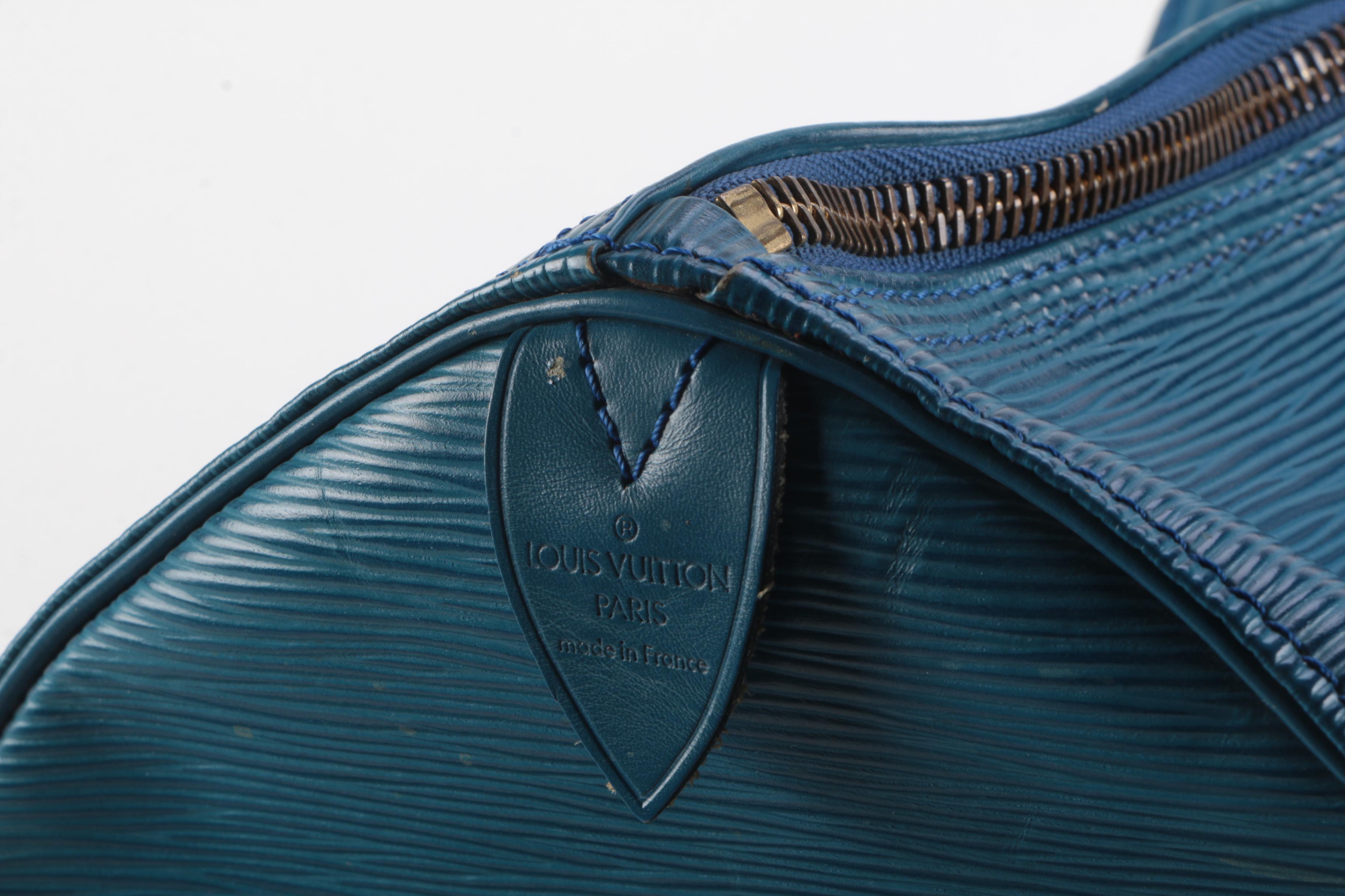 Louis Vuitton Keepall 55 Travel Bag in Toledo Blue Epi and Smooth Leather