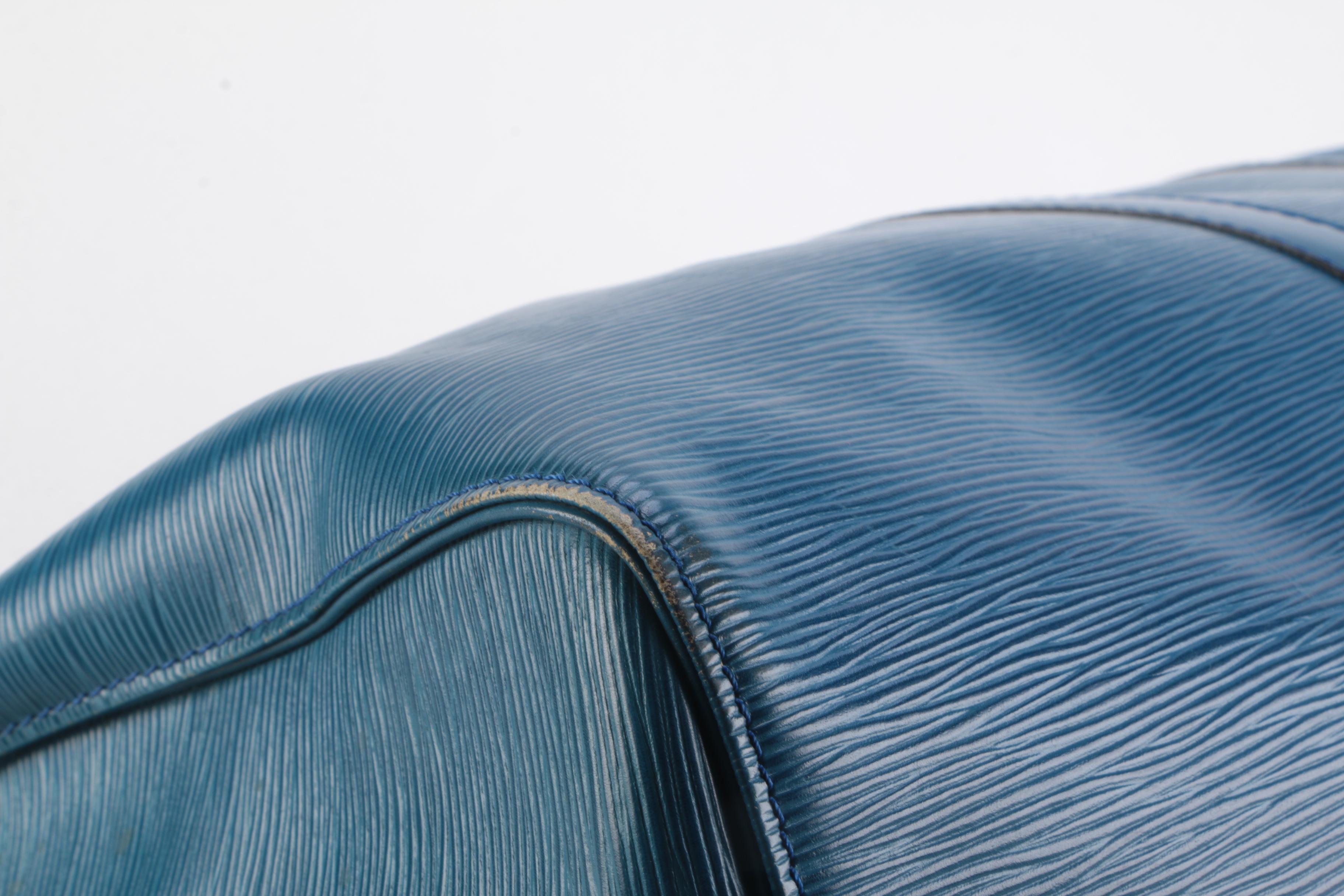 Louis Vuitton Keepall 55 Travel Bag in Toledo Blue Epi and Smooth Leather