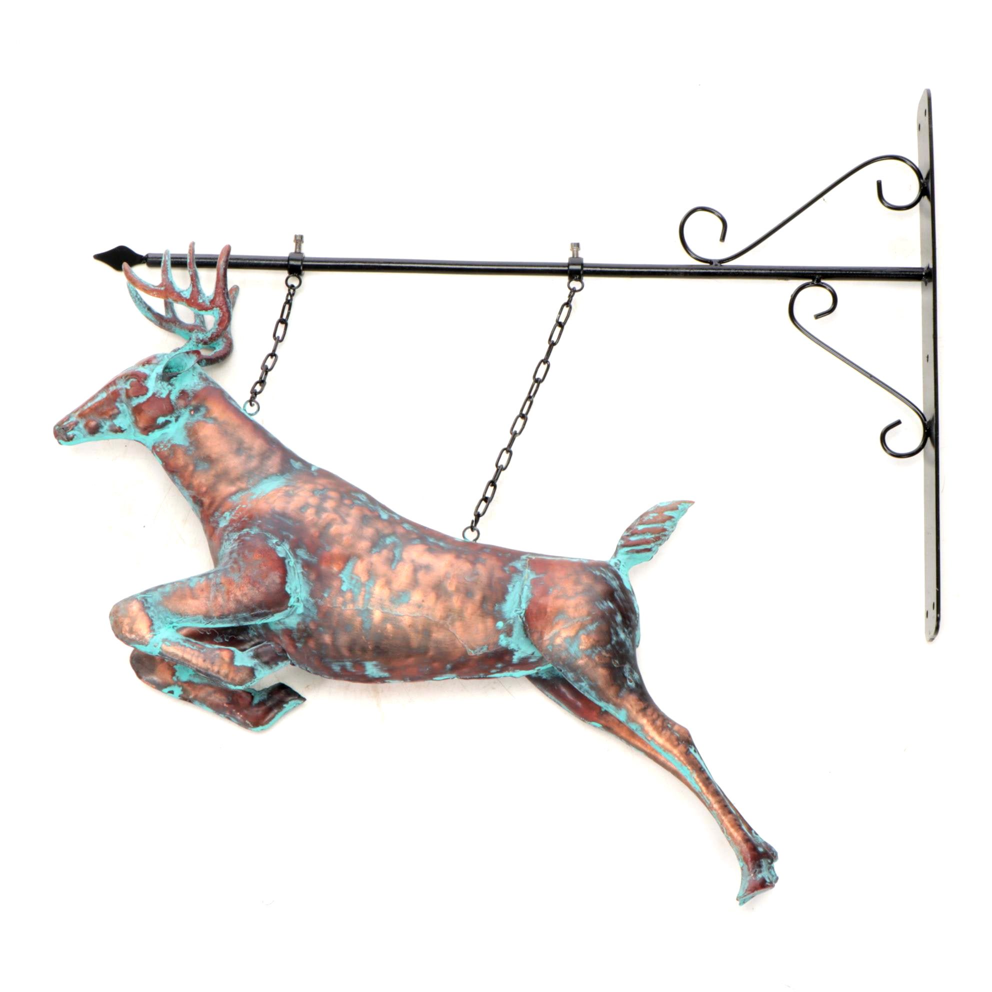 Patinated Copper Figural Leaping Stag Weathervane on Wall Bracket