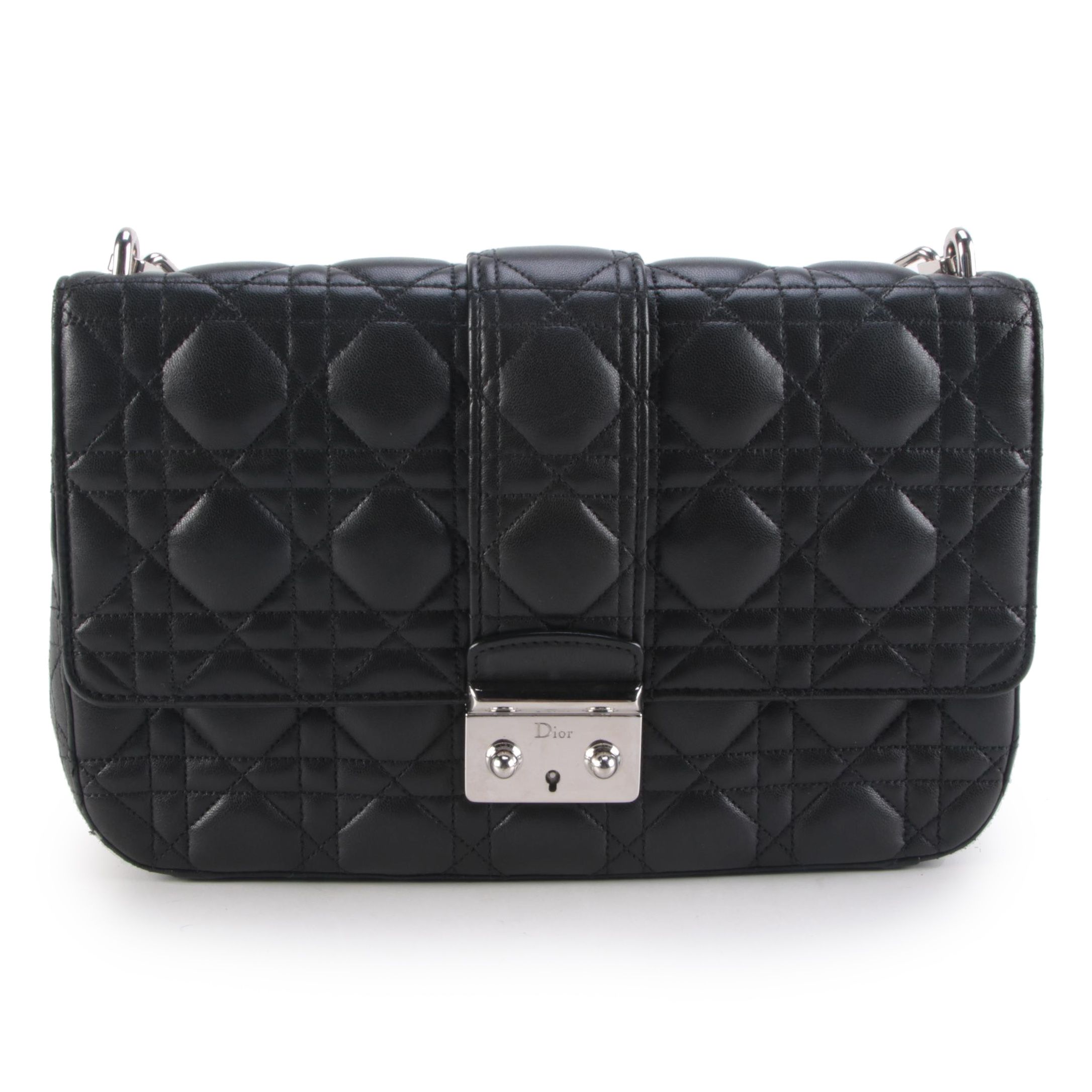 Christian Dior Miss Dior Cannage Quilted Black Lambskin Front Flap Shoulder Bag