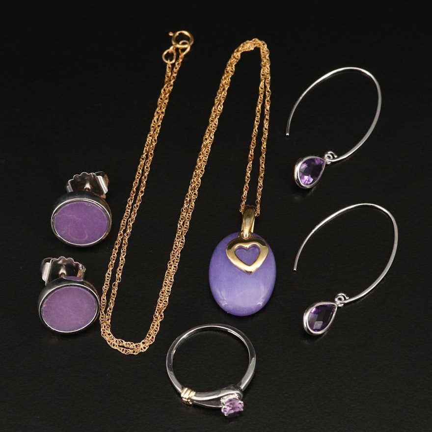 Sterling Rings, Earrings and Heart Necklace Featuring Amethyst and Quartzite