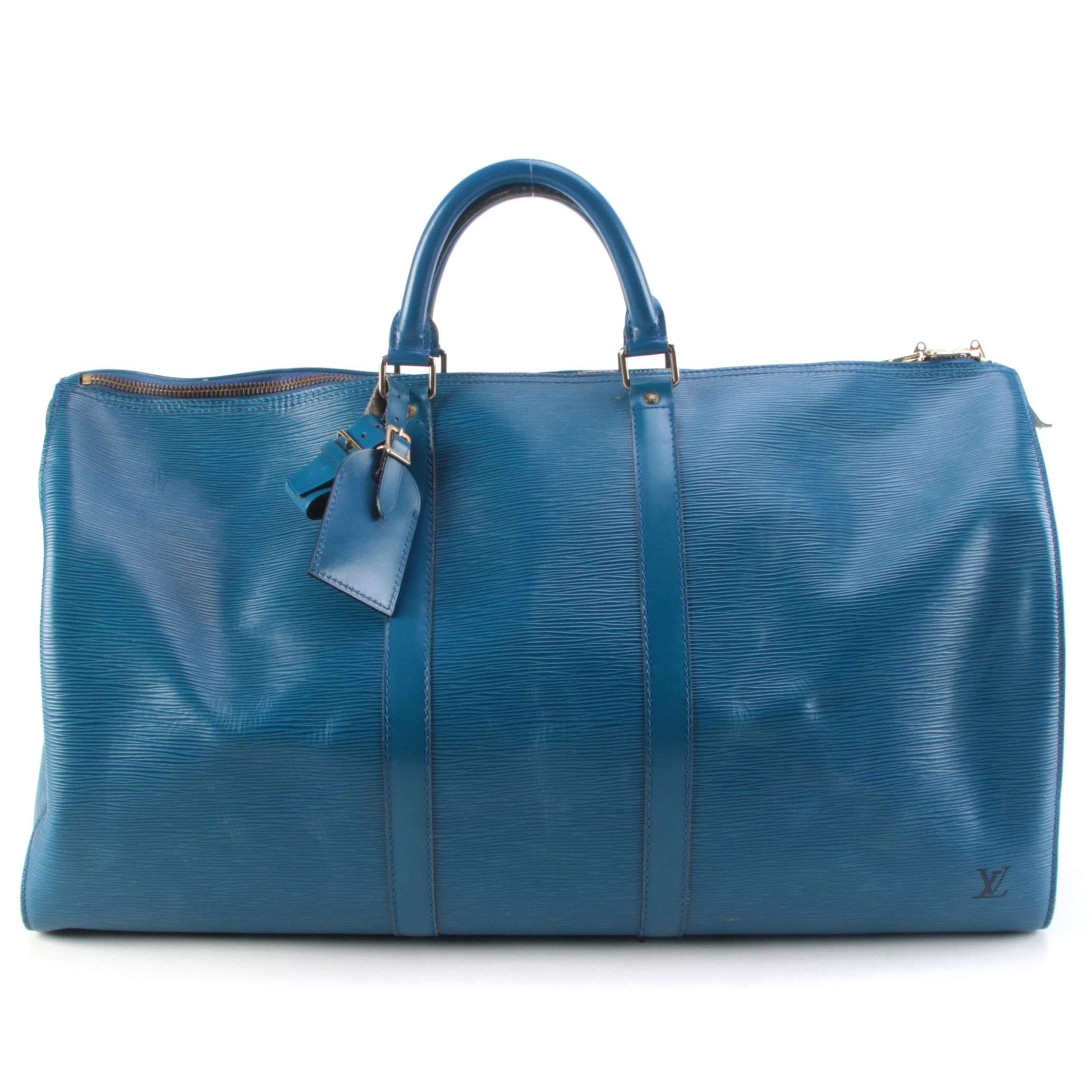 Louis Vuitton Keepall 55 Travel Bag in Toledo Blue Epi and Smooth Leather
