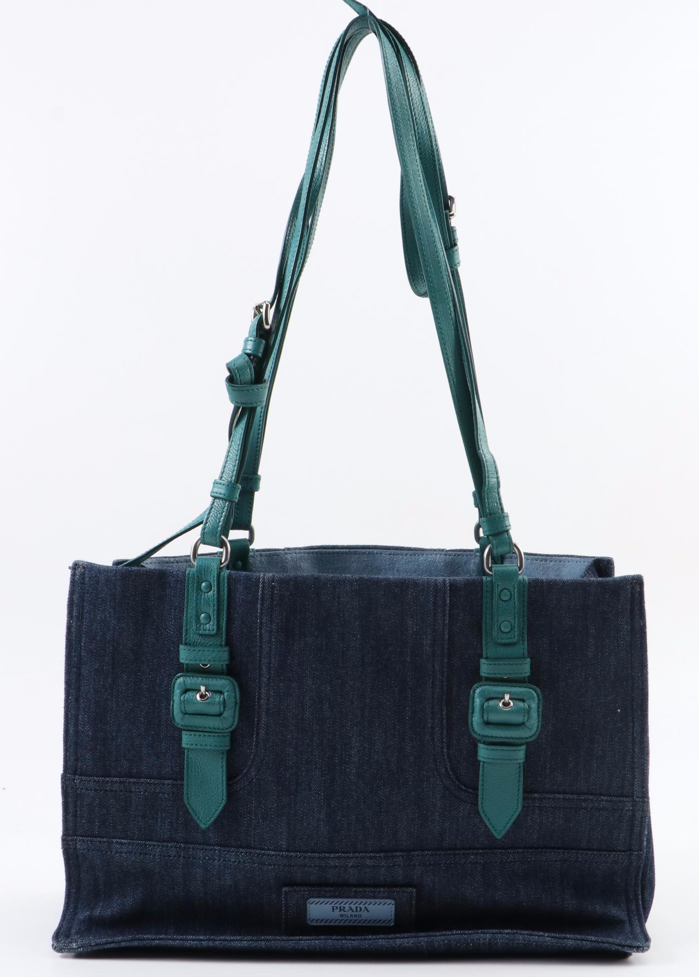 Prada Etiquette Two-Way Denim Tote Bag 1BG122 with Pavone Glace Leather Trim
