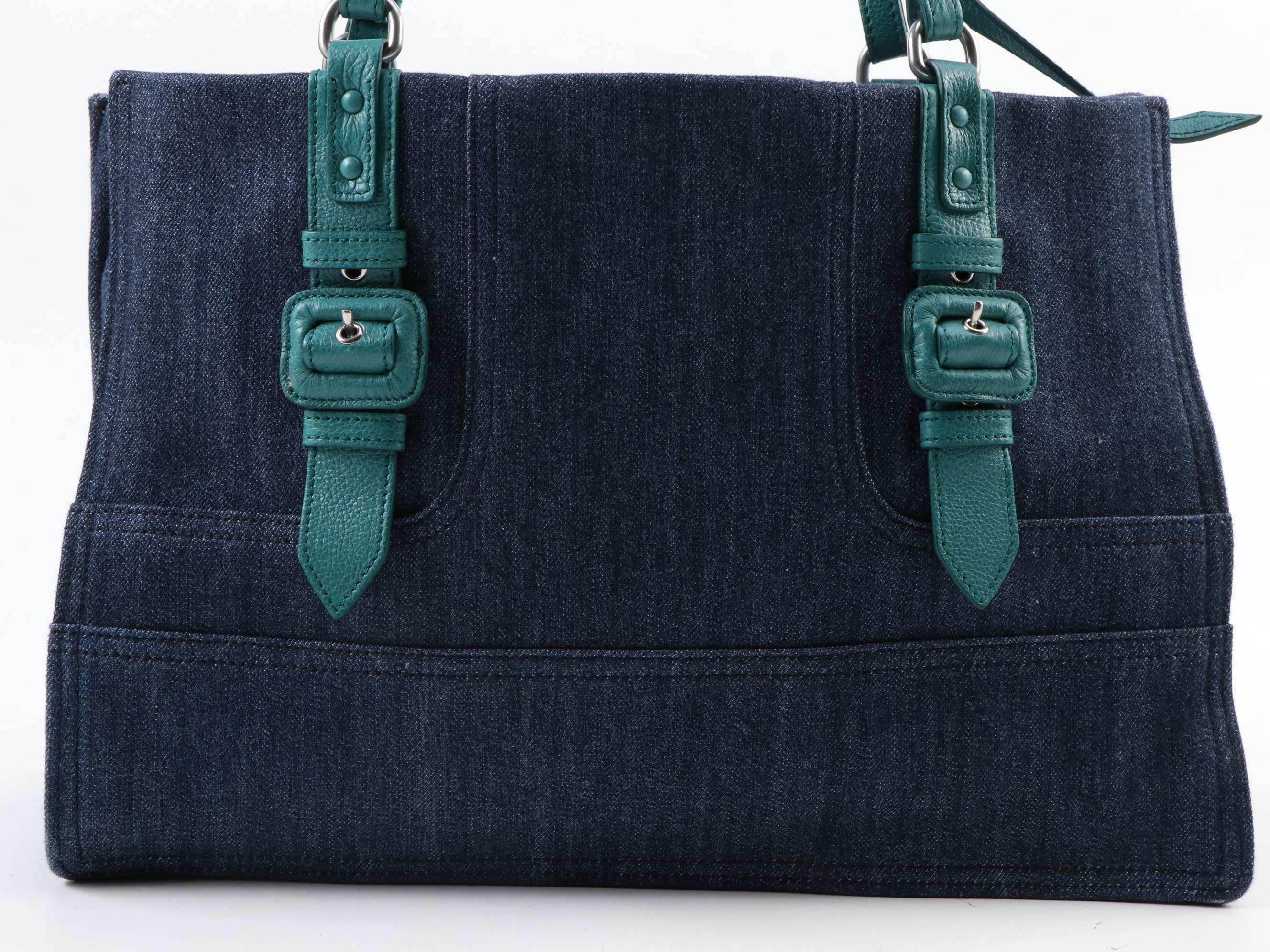 Prada Etiquette Two-Way Denim Tote Bag 1BG122 with Pavone Glace Leather Trim