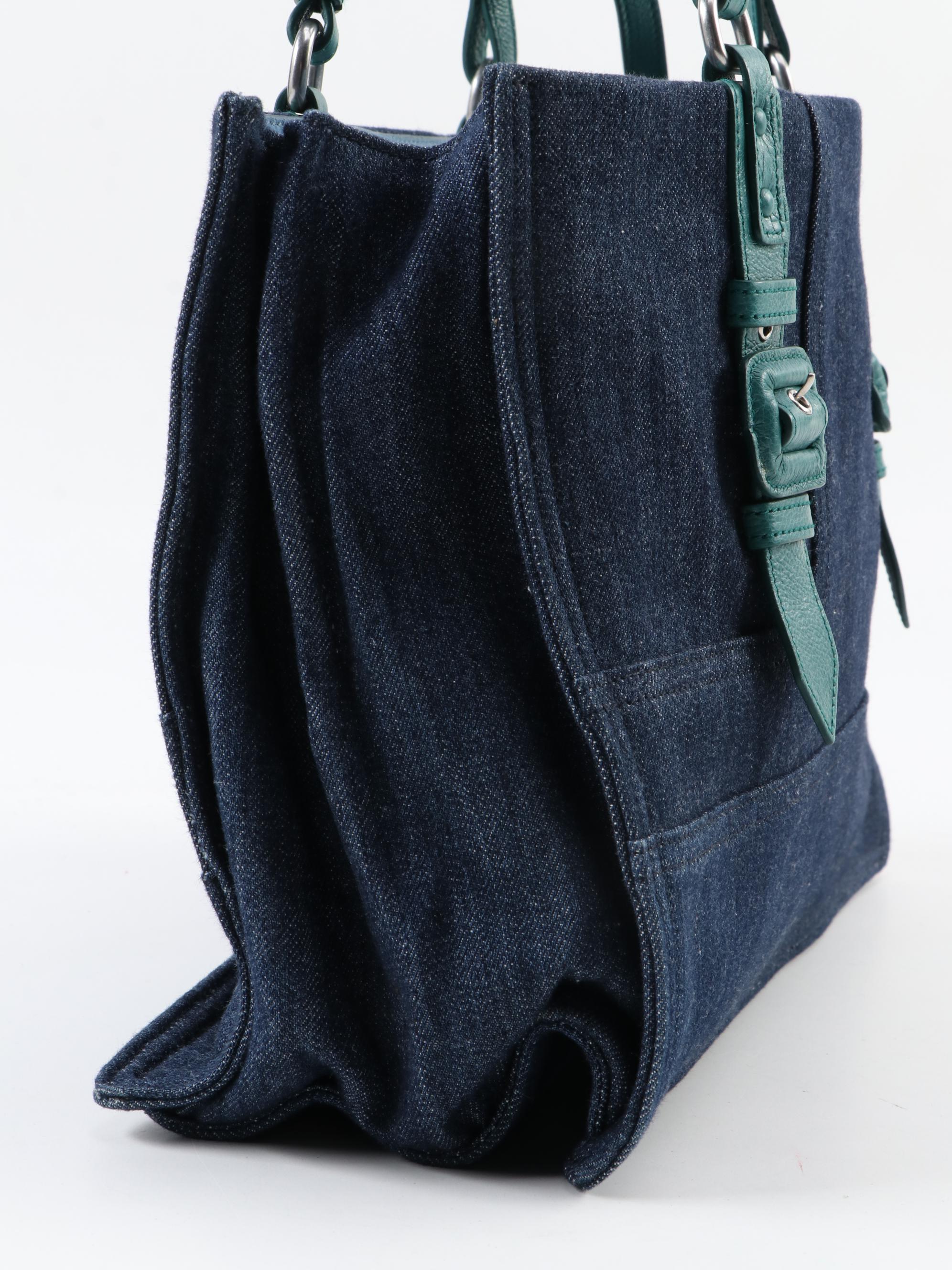 Prada Etiquette Two-Way Denim Tote Bag 1BG122 with Pavone Glace Leather Trim