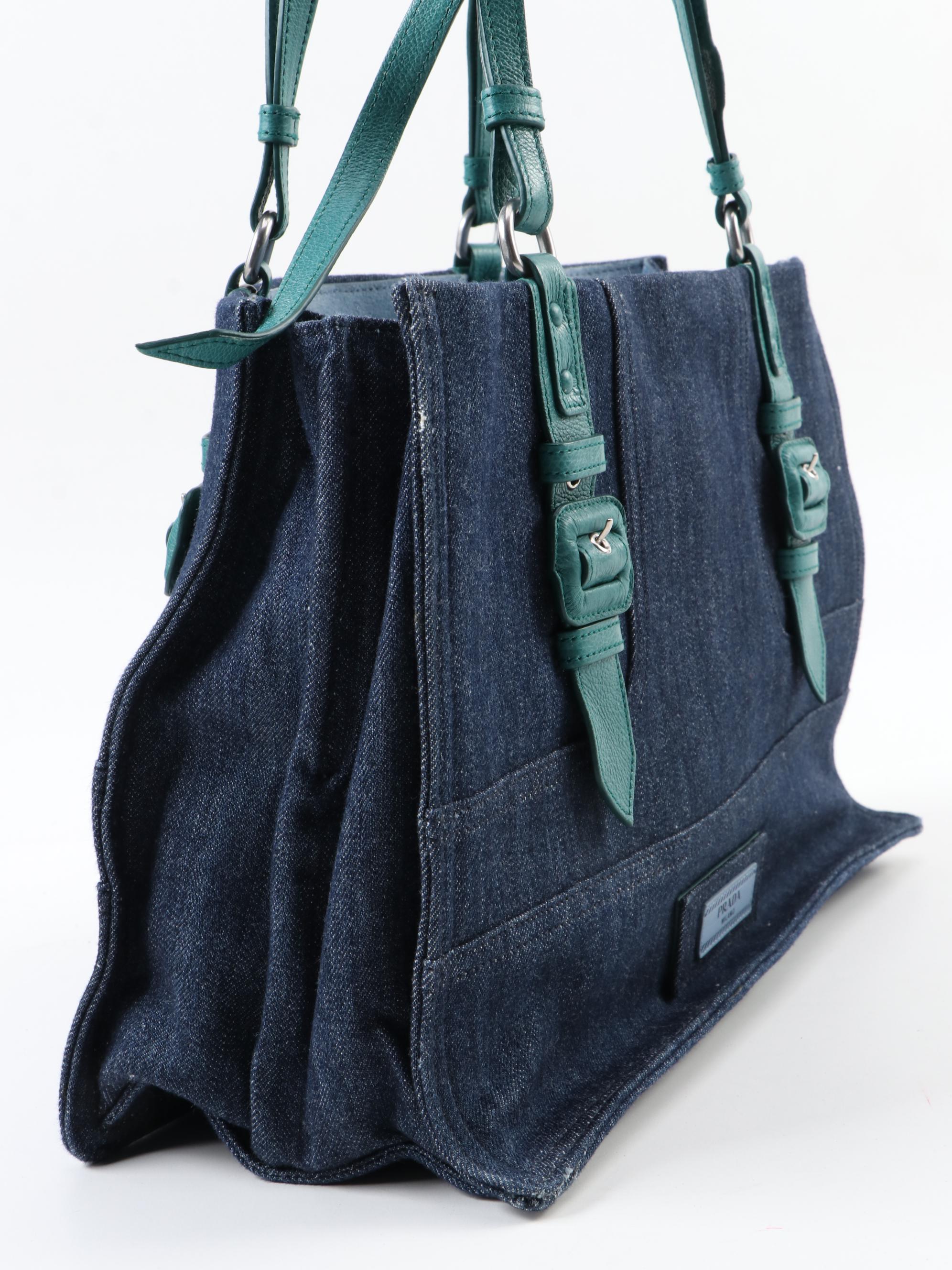 Prada Etiquette Two-Way Denim Tote Bag 1BG122 with Pavone Glace Leather Trim