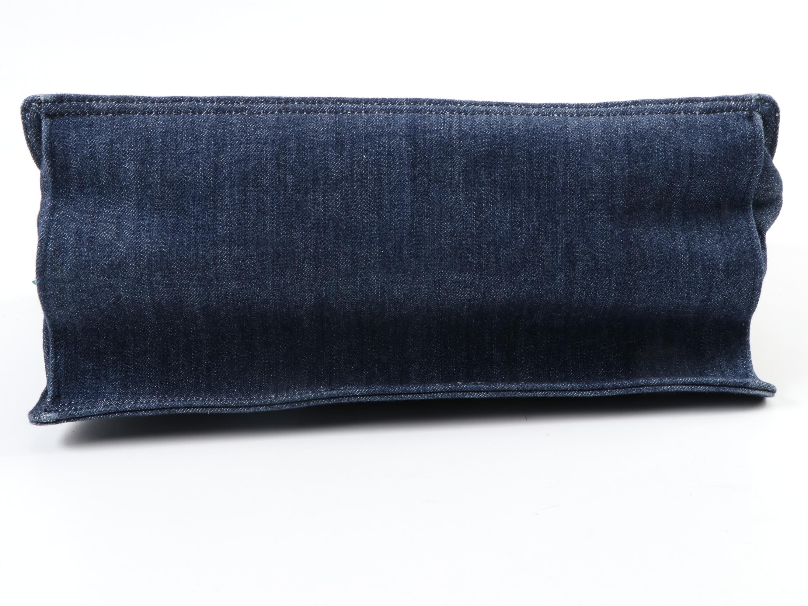 Prada Etiquette Two-Way Denim Tote Bag 1BG122 with Pavone Glace Leather Trim