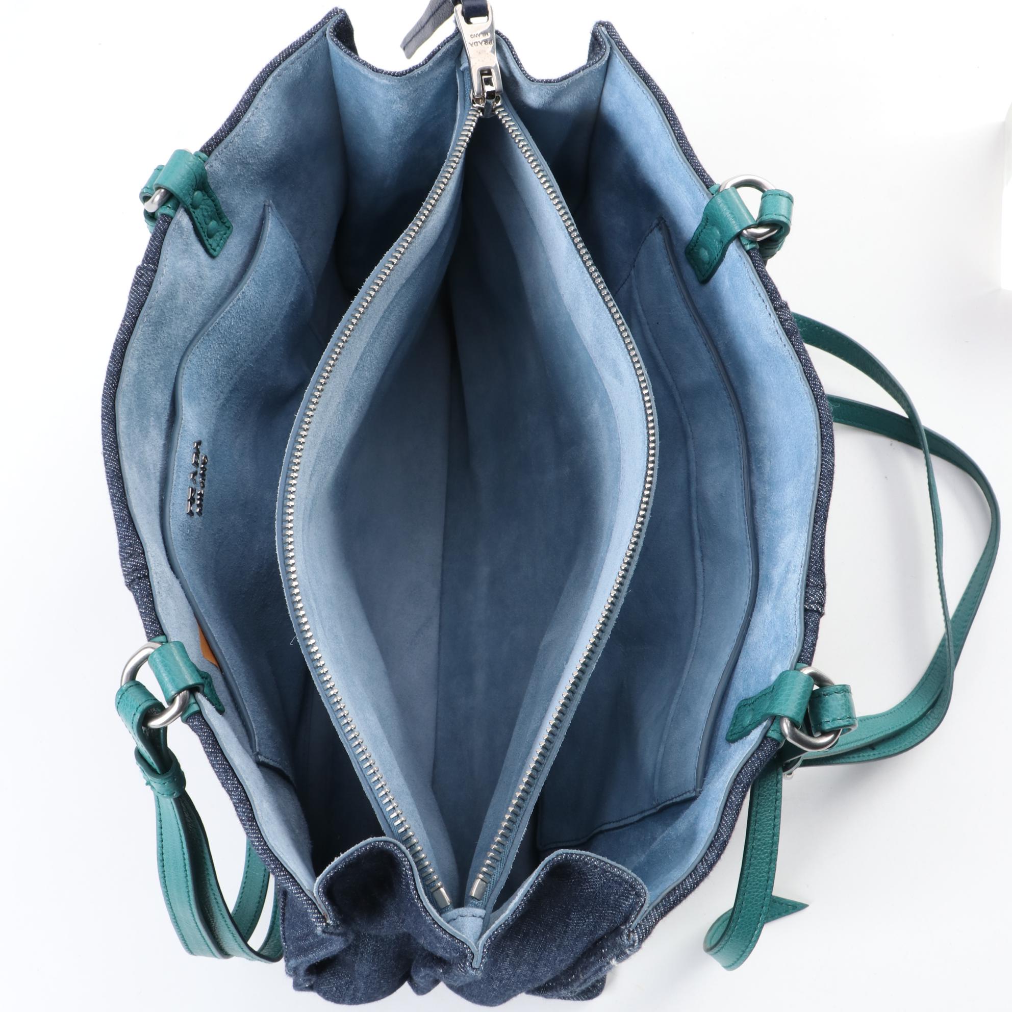Prada Etiquette Two-Way Denim Tote Bag 1BG122 with Pavone Glace Leather Trim