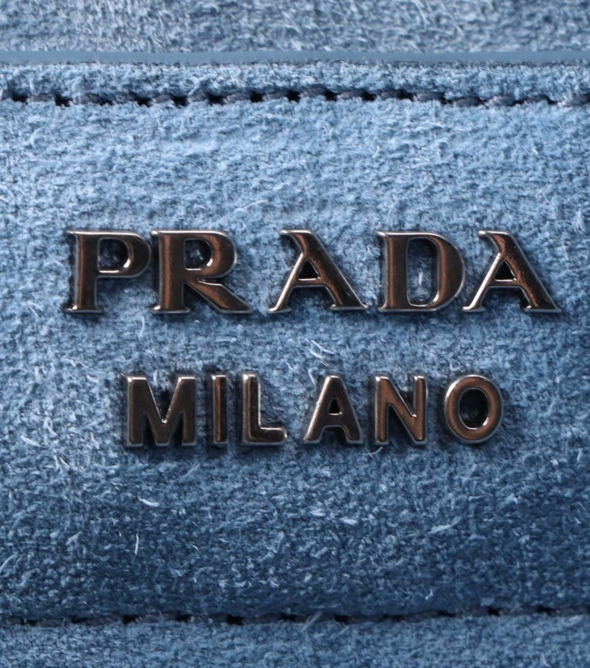 Prada Etiquette Two-Way Denim Tote Bag 1BG122 with Pavone Glace Leather Trim