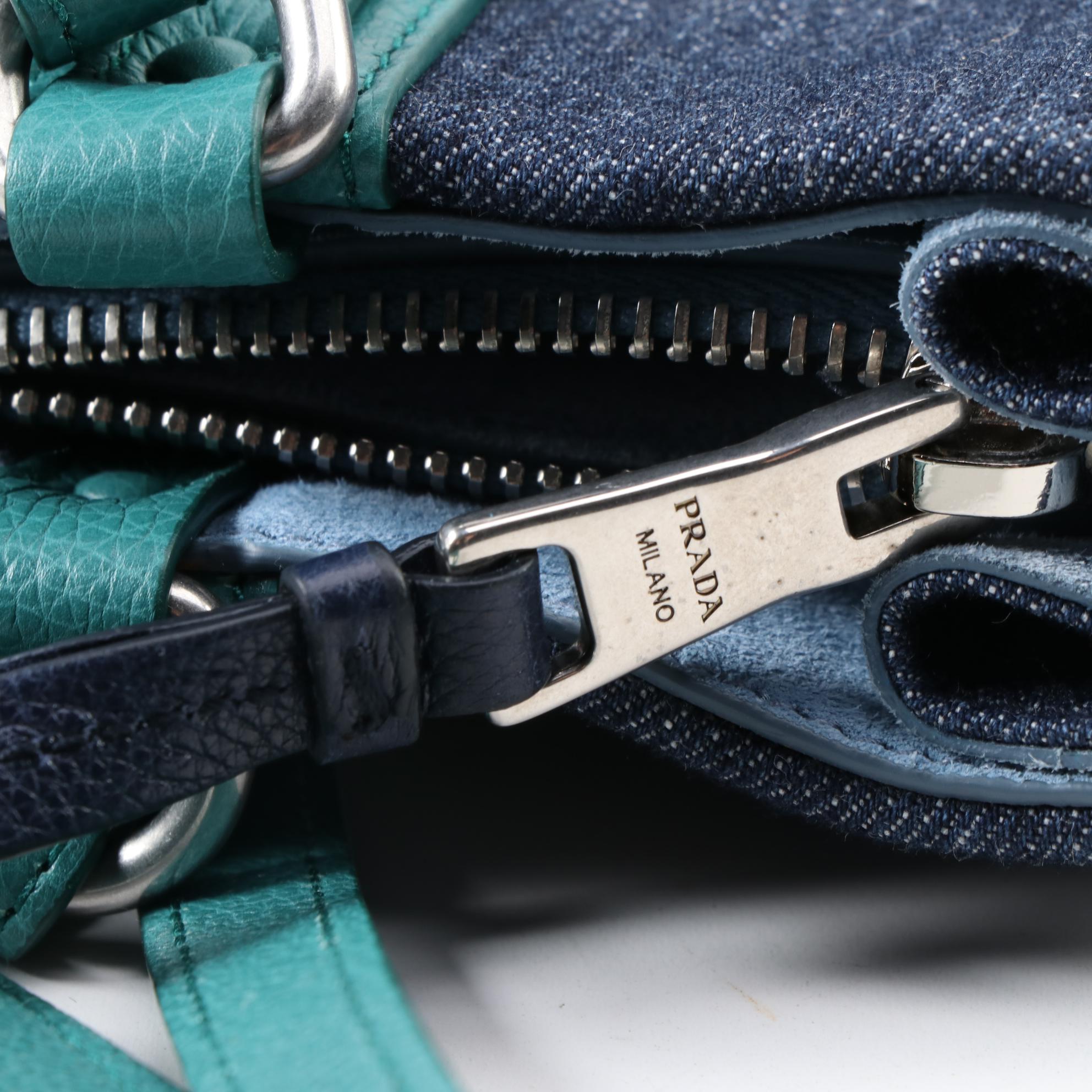 Prada Etiquette Two-Way Denim Tote Bag 1BG122 with Pavone Glace Leather Trim