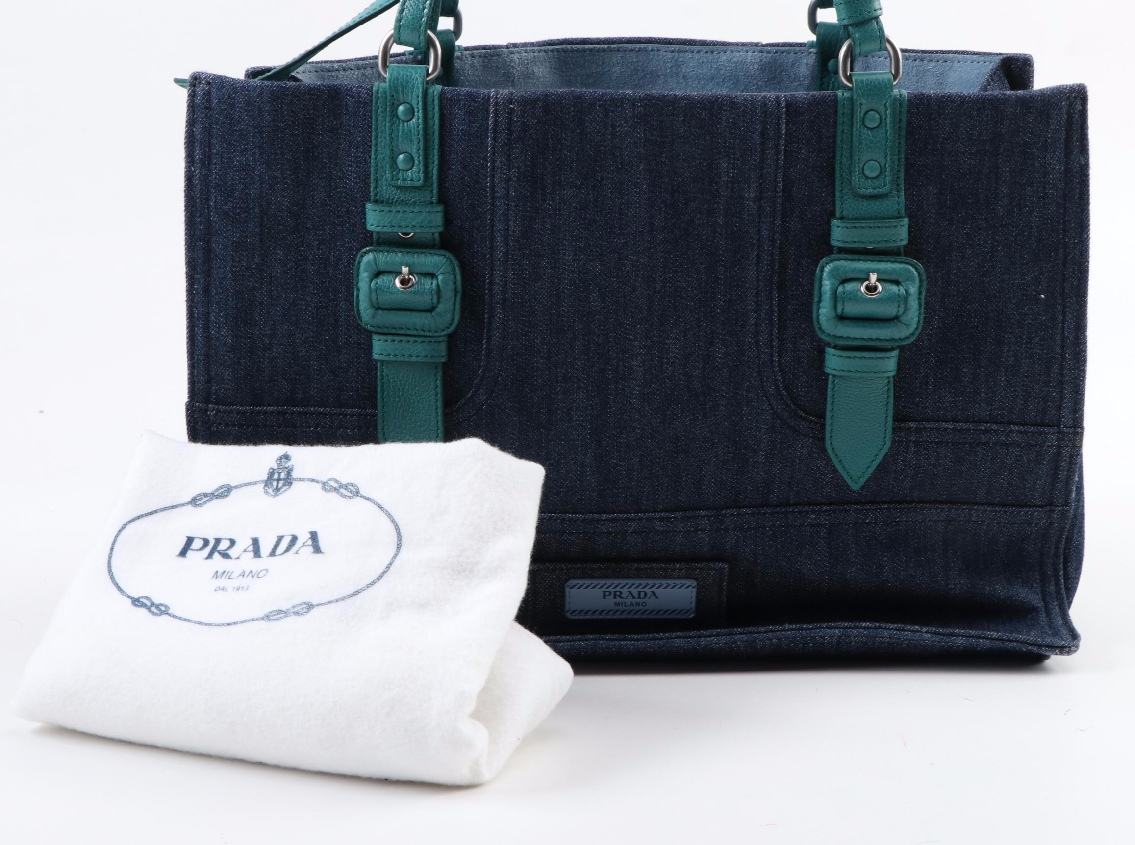 Prada Etiquette Two-Way Denim Tote Bag 1BG122 with Pavone Glace Leather Trim