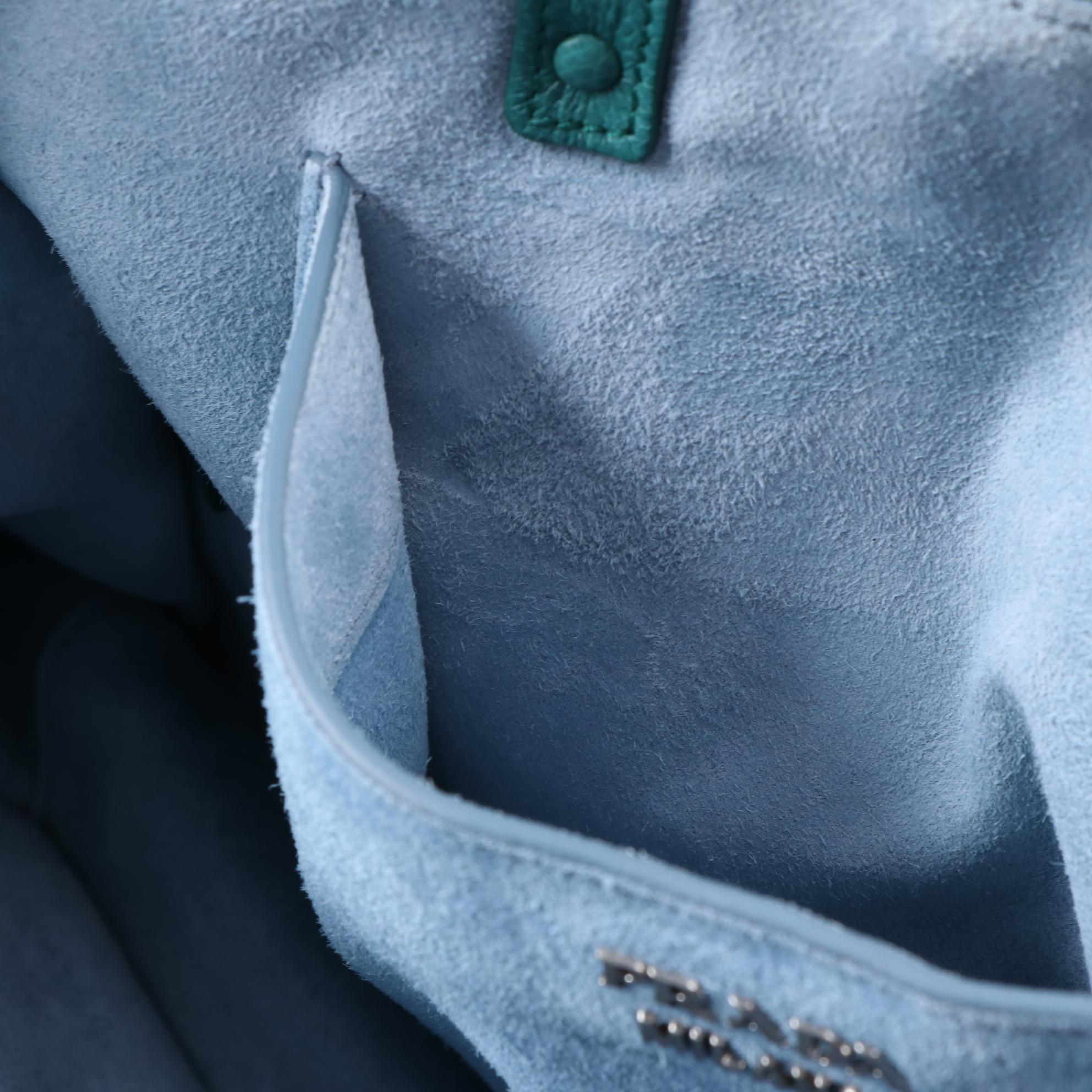 Prada Etiquette Two-Way Denim Tote Bag 1BG122 with Pavone Glace Leather Trim