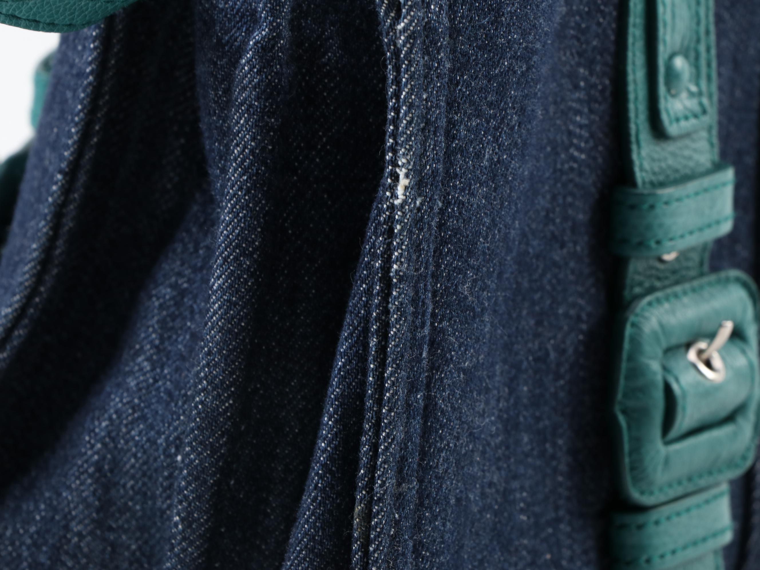 Prada Etiquette Two-Way Denim Tote Bag 1BG122 with Pavone Glace Leather Trim