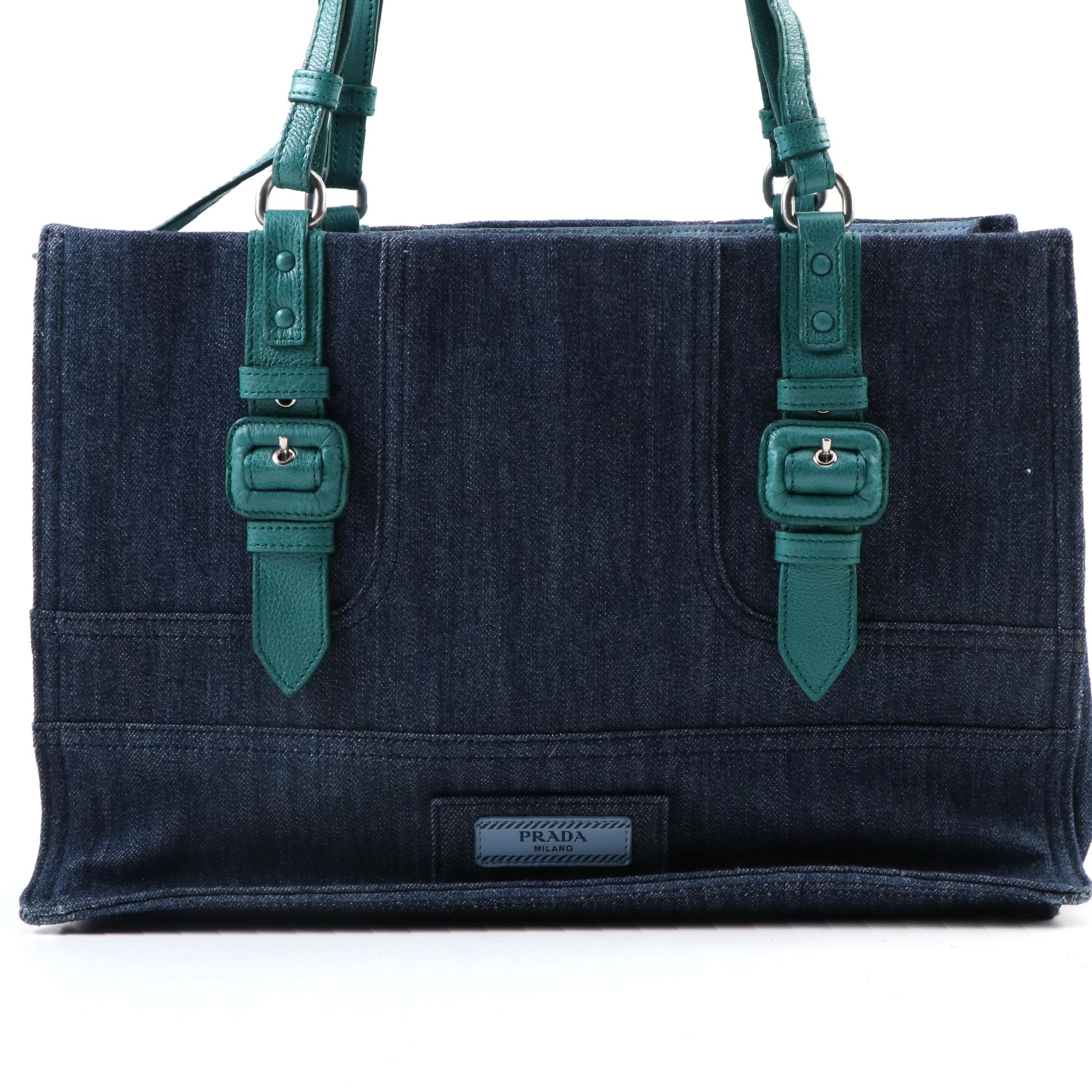 Prada Etiquette Two-Way Denim Tote Bag 1BG122 with Pavone Glace Leather Trim