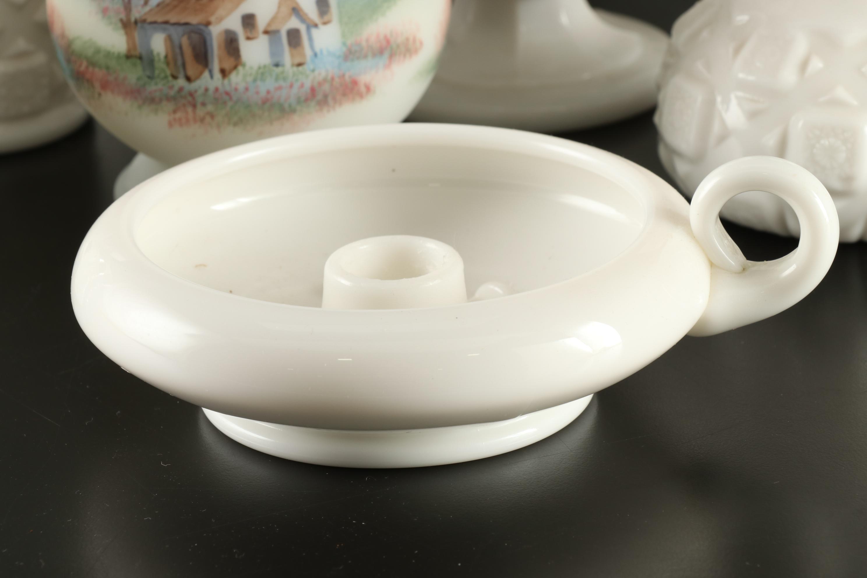 D. Fredrick Hand-painted Vase and Other Milk Glass Tableware, Mid-20th Century