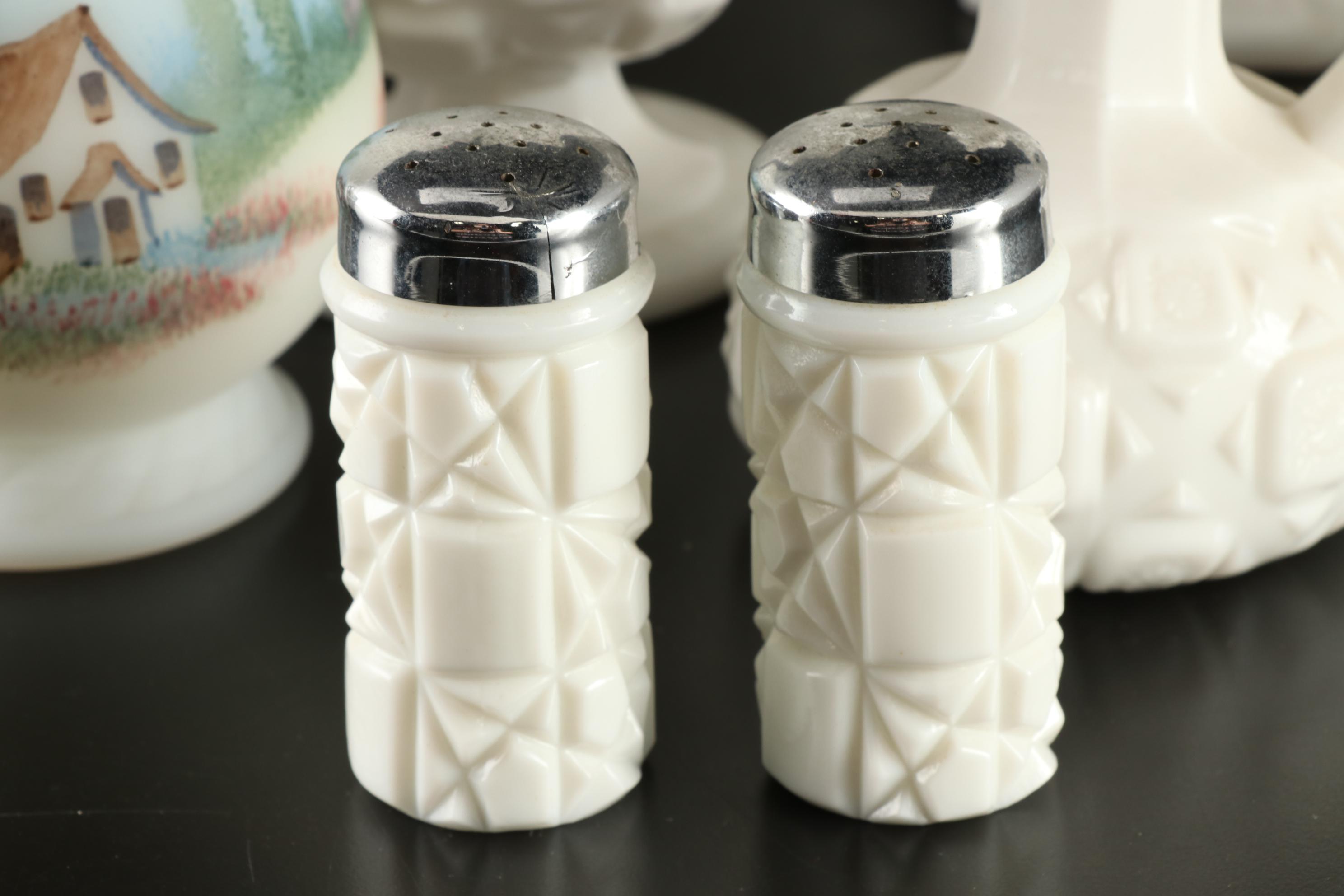 D. Fredrick Hand-painted Vase and Other Milk Glass Tableware, Mid-20th Century