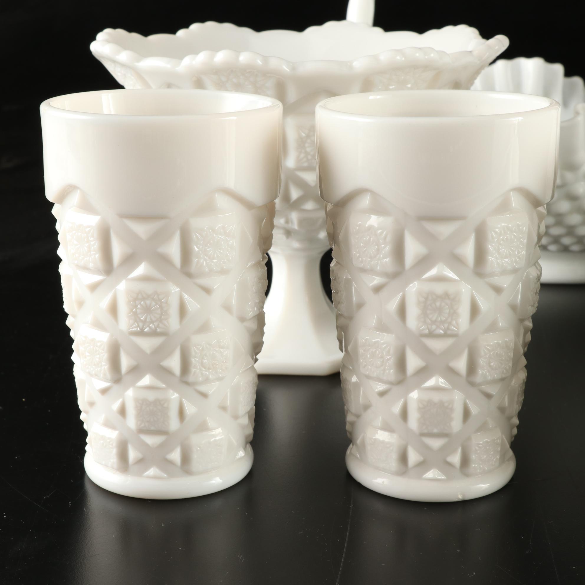 D. Fredrick Hand-painted Vase and Other Milk Glass Tableware, Mid-20th Century