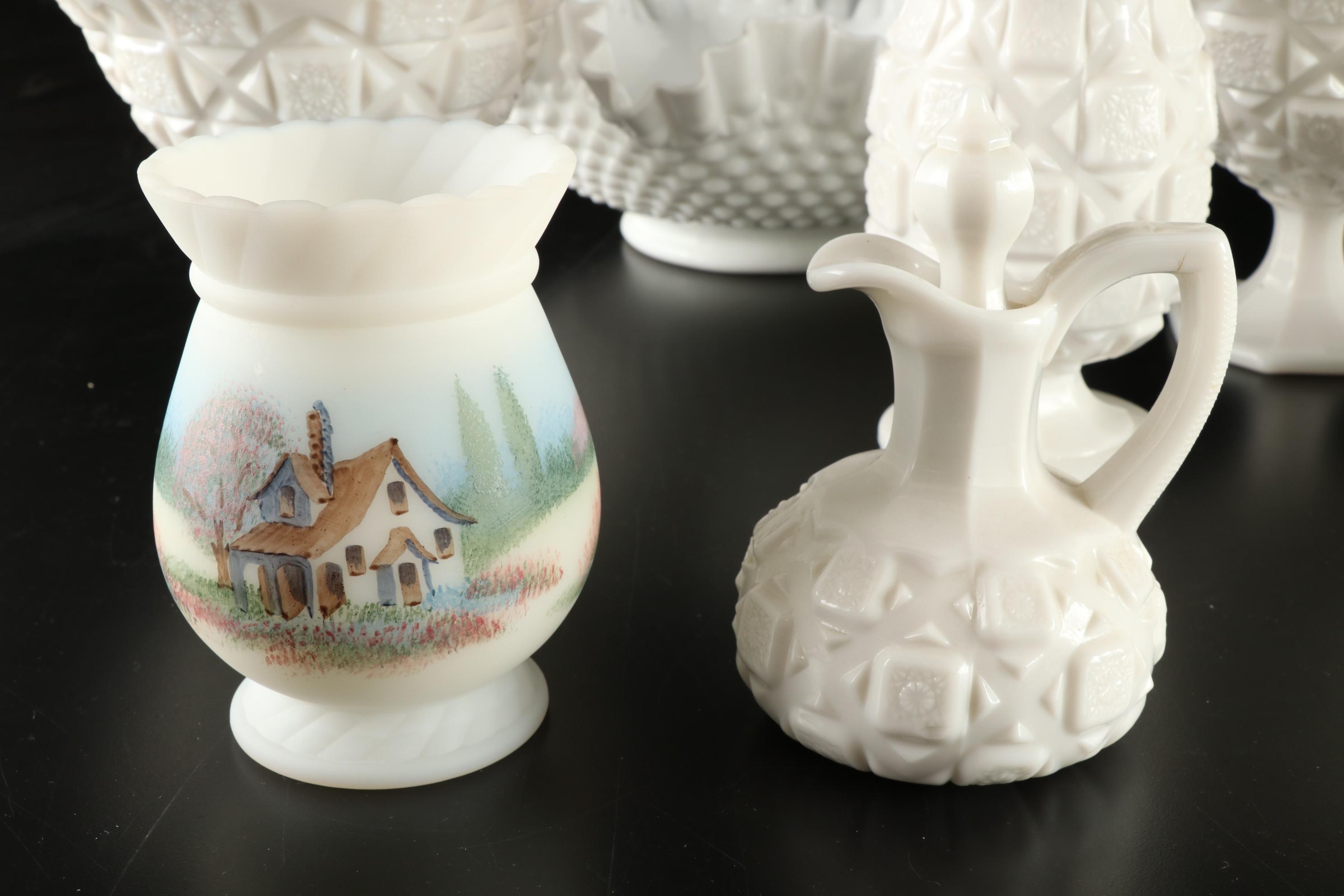 D. Fredrick Hand-painted Vase and Other Milk Glass Tableware, Mid-20th Century