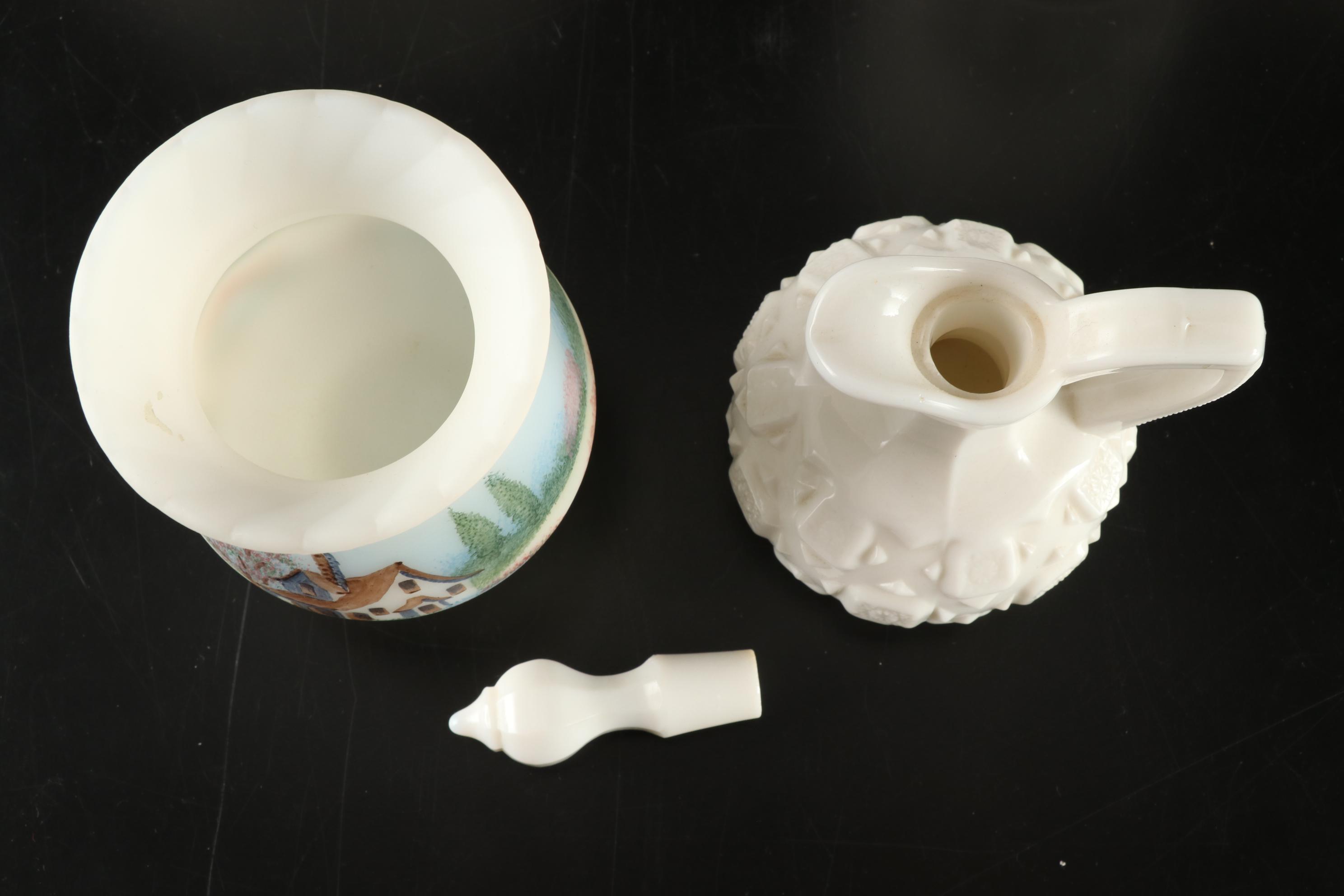 D. Fredrick Hand-painted Vase and Other Milk Glass Tableware, Mid-20th Century