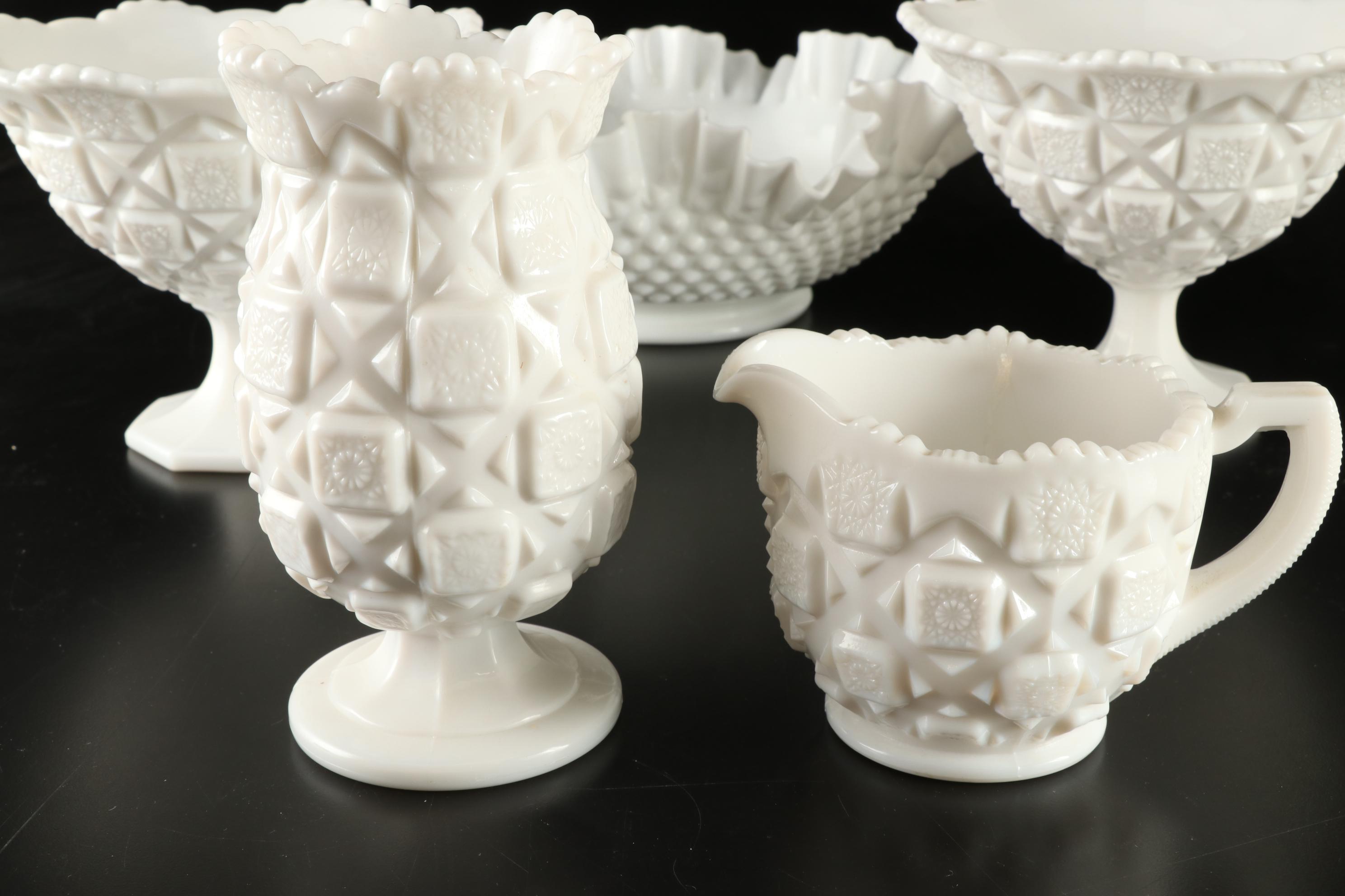 D. Fredrick Hand-painted Vase and Other Milk Glass Tableware, Mid-20th Century