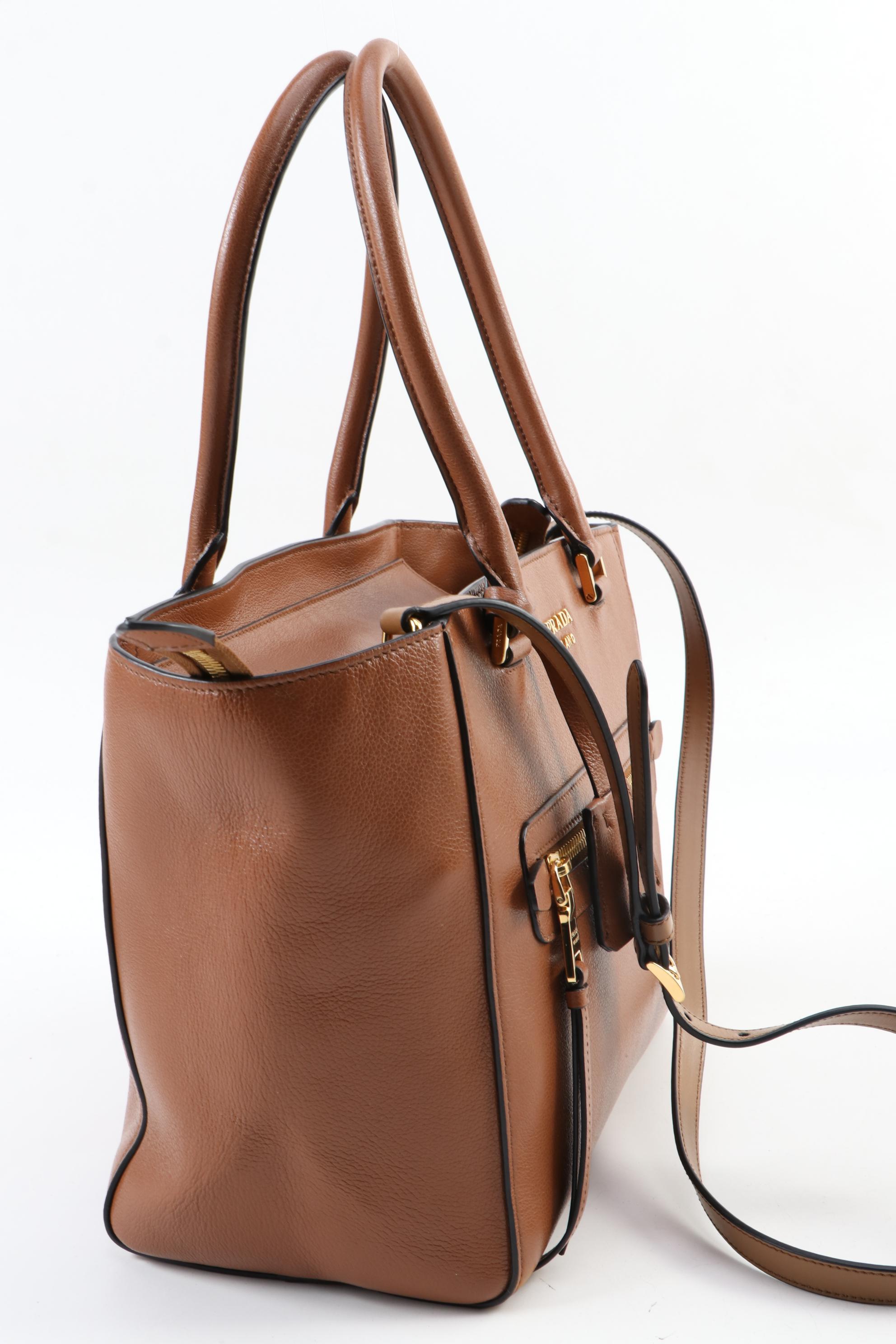 Prada Medium Convertible Shoulder Bag in Cognac Glace Calfskin Leather