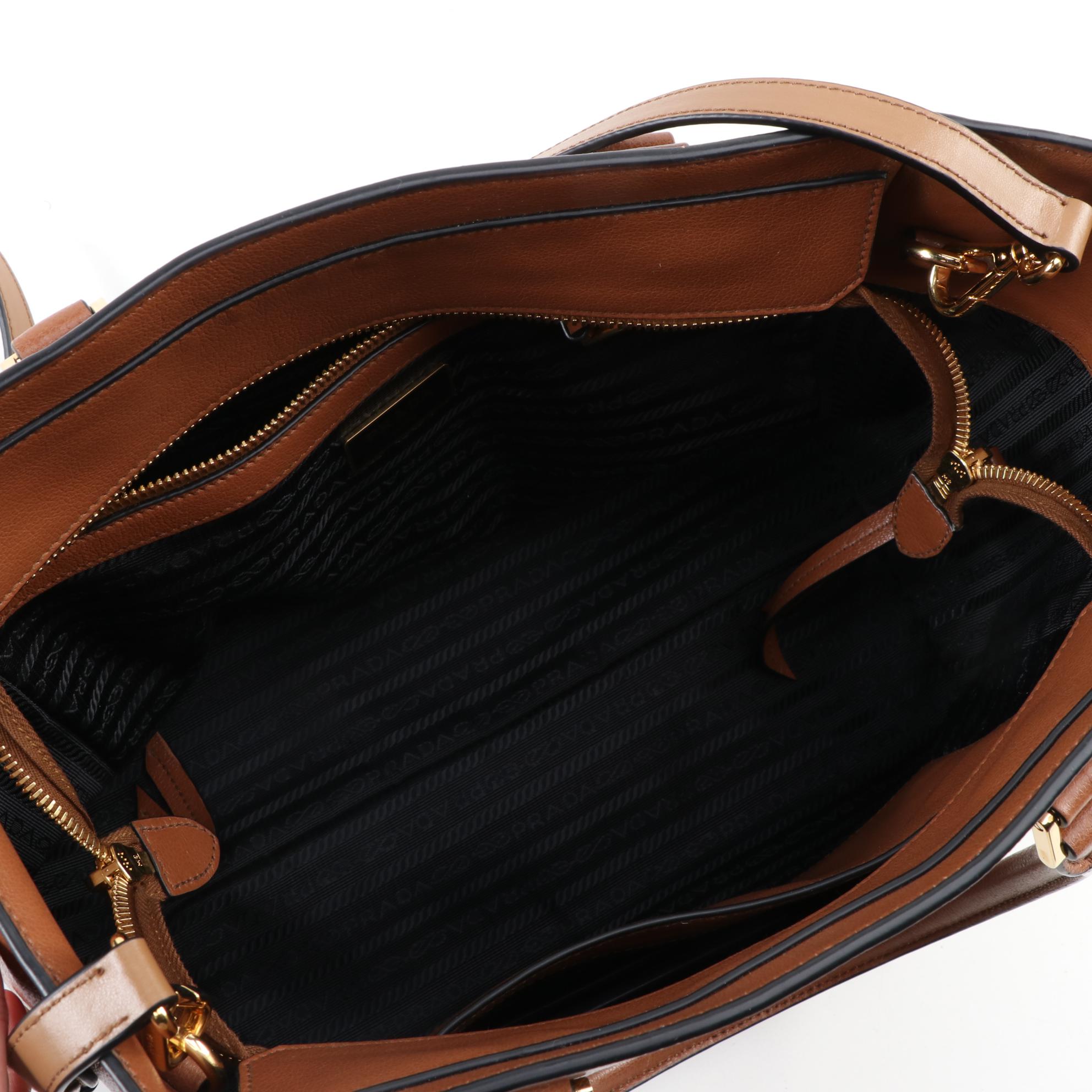 Prada Medium Convertible Shoulder Bag in Cognac Glace Calfskin Leather