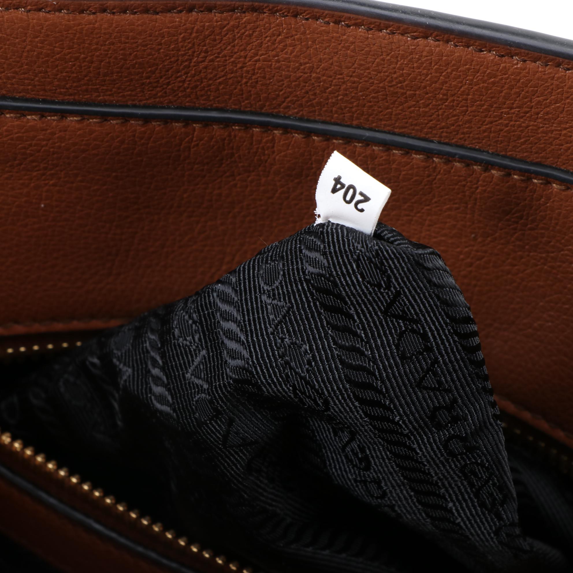 Prada Medium Convertible Shoulder Bag in Cognac Glace Calfskin Leather