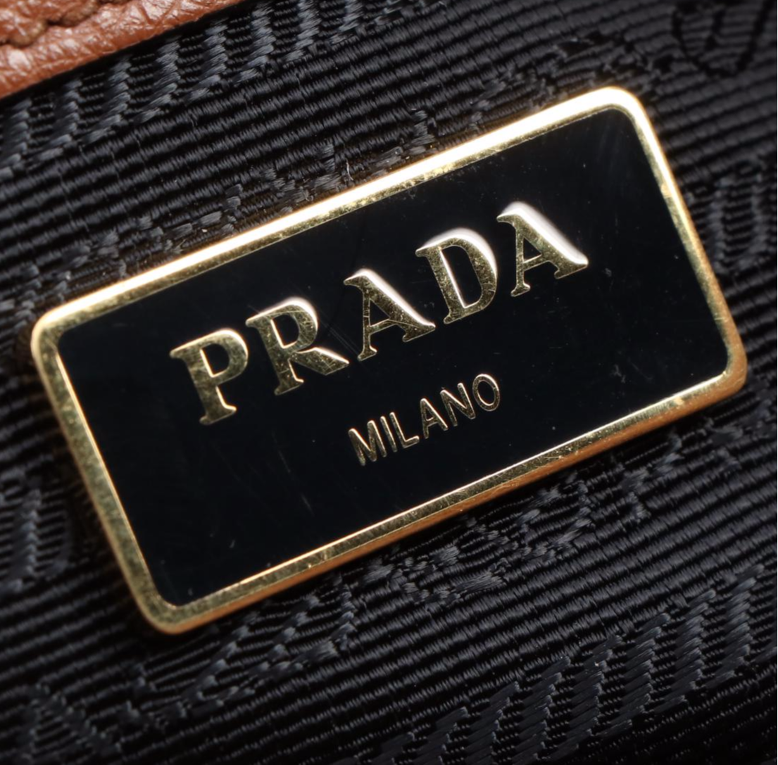 Prada Medium Convertible Shoulder Bag in Cognac Glace Calfskin Leather