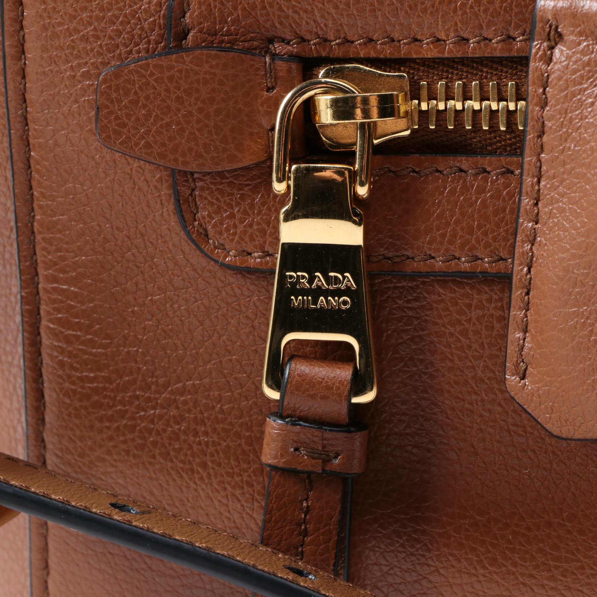 Prada Medium Convertible Shoulder Bag in Cognac Glace Calfskin Leather