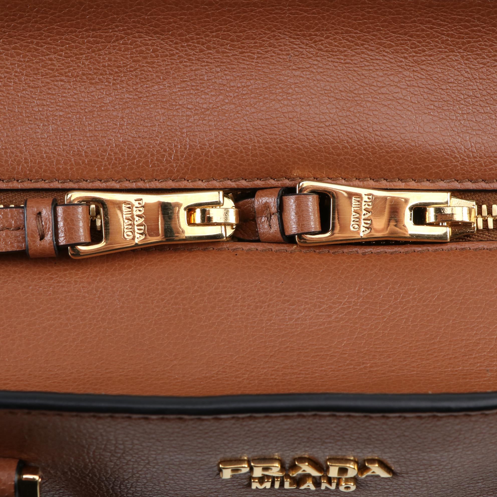 Prada Medium Convertible Shoulder Bag in Cognac Glace Calfskin Leather