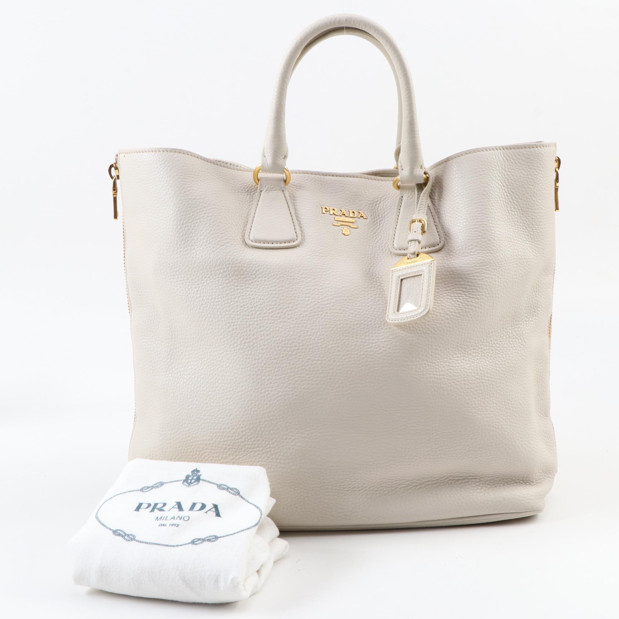 Prada Convertible Shopping Tote in Ivory Vitello Daino Leather