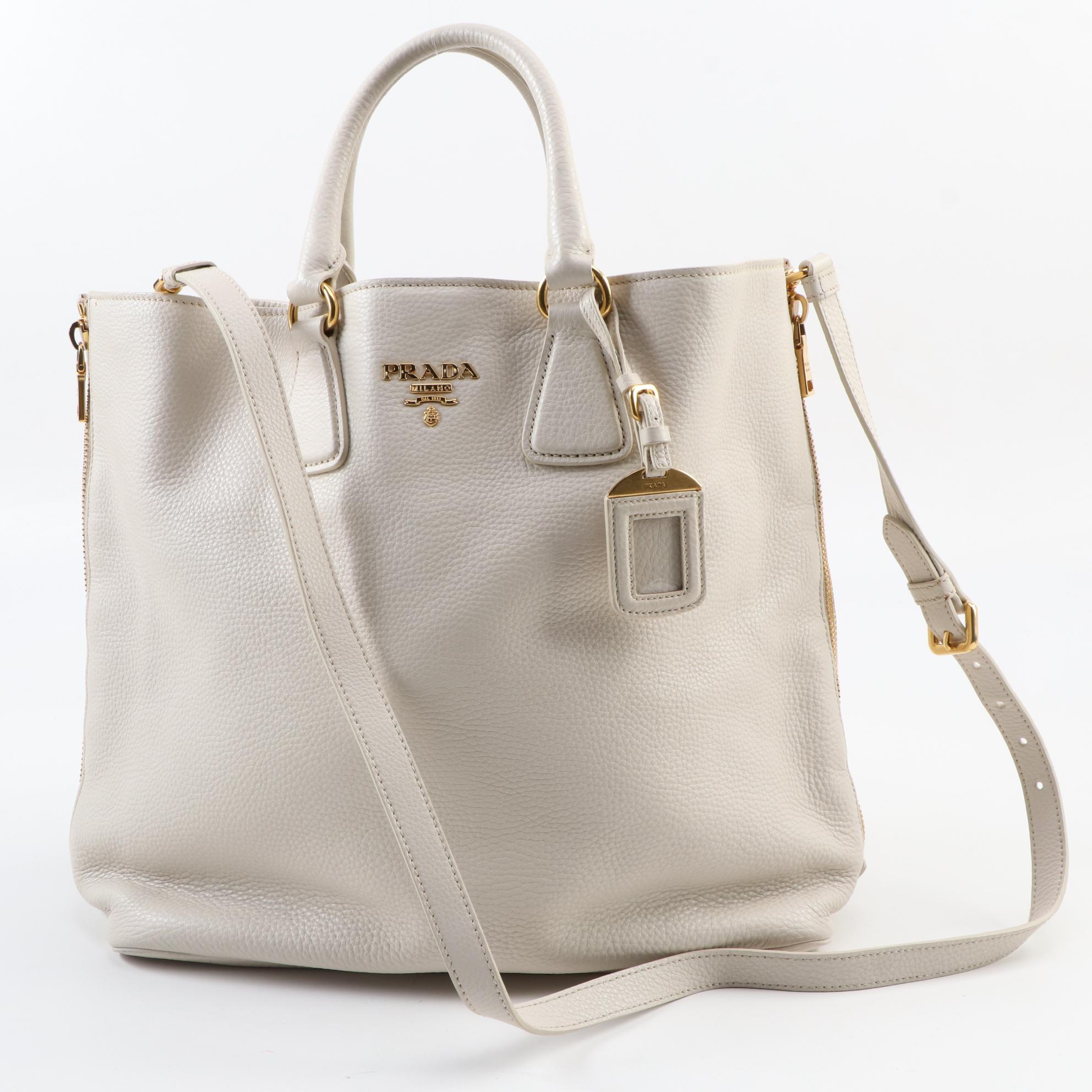 Prada Convertible Shopping Tote in Ivory Vitello Daino Leather