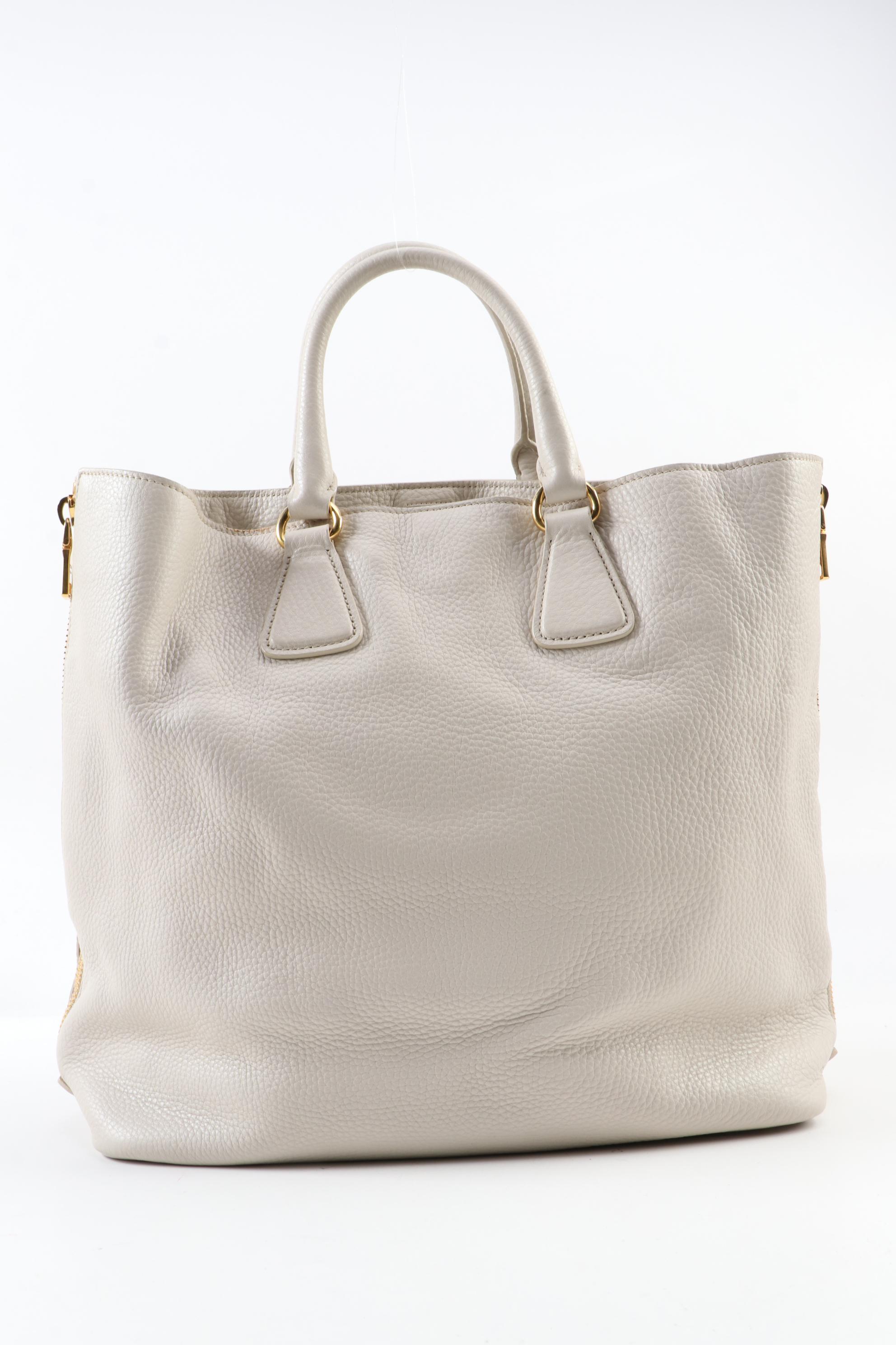 Prada Convertible Shopping Tote in Ivory Vitello Daino Leather