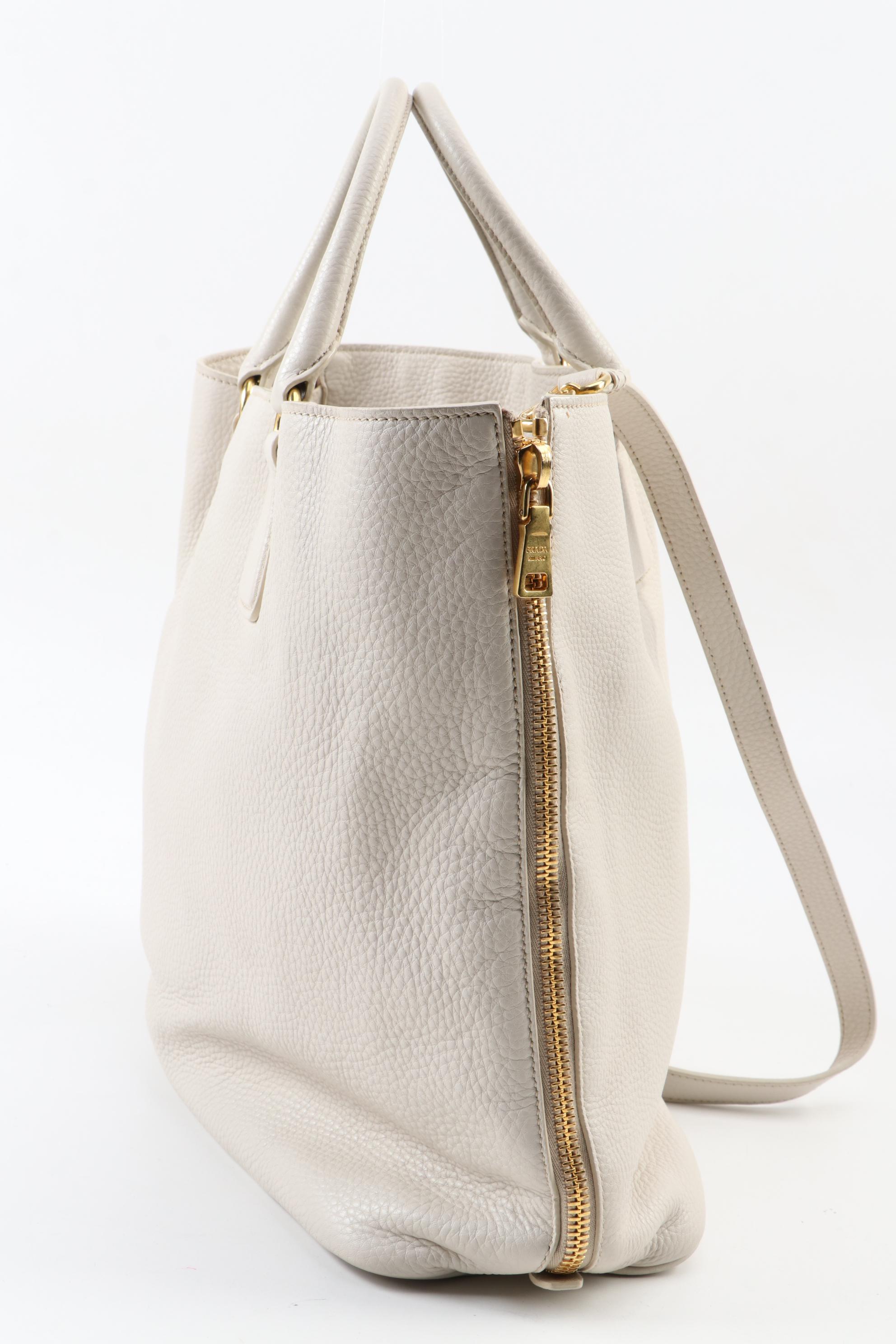 Prada Convertible Shopping Tote in Ivory Vitello Daino Leather