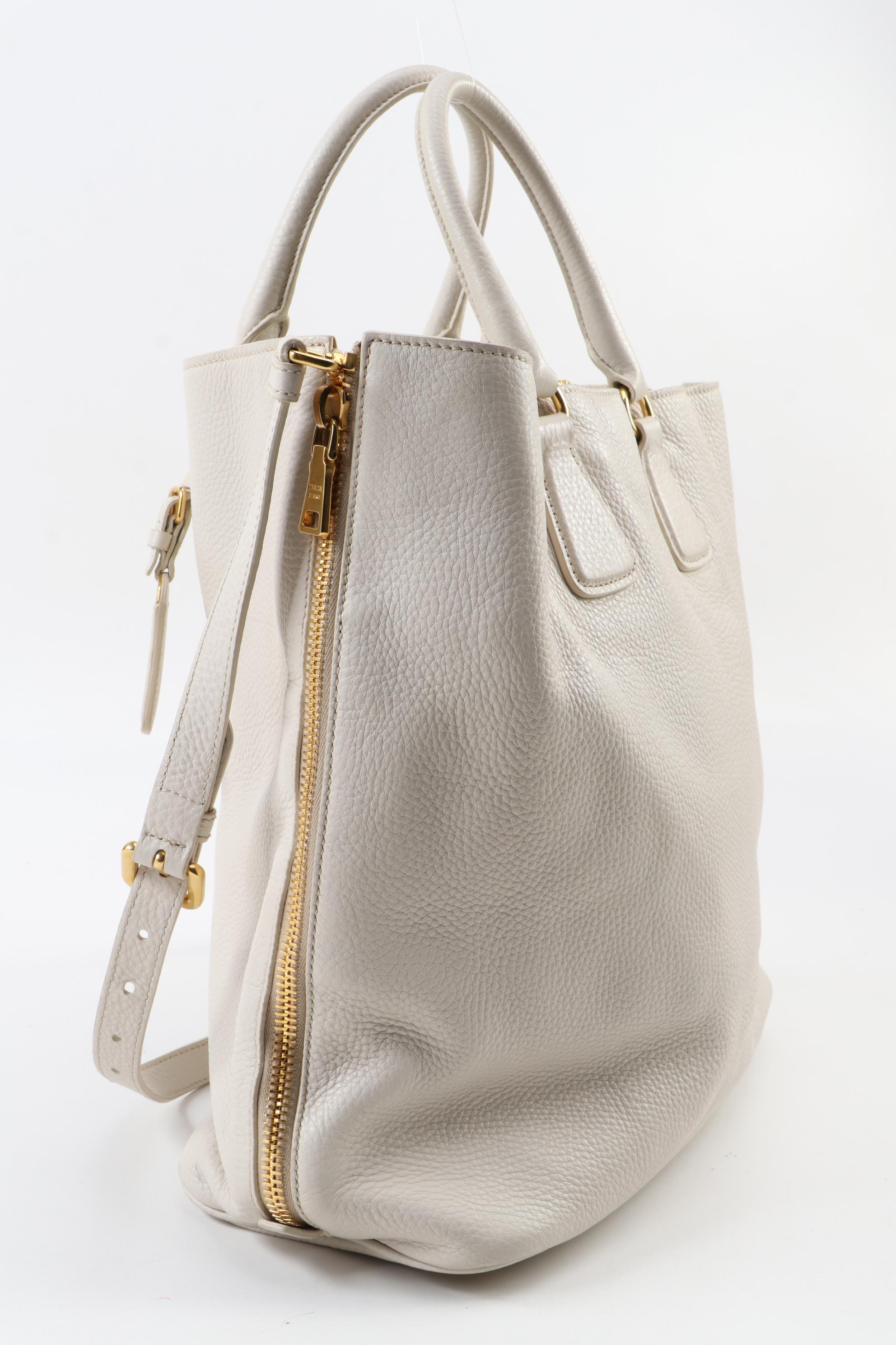 Prada Convertible Shopping Tote in Ivory Vitello Daino Leather