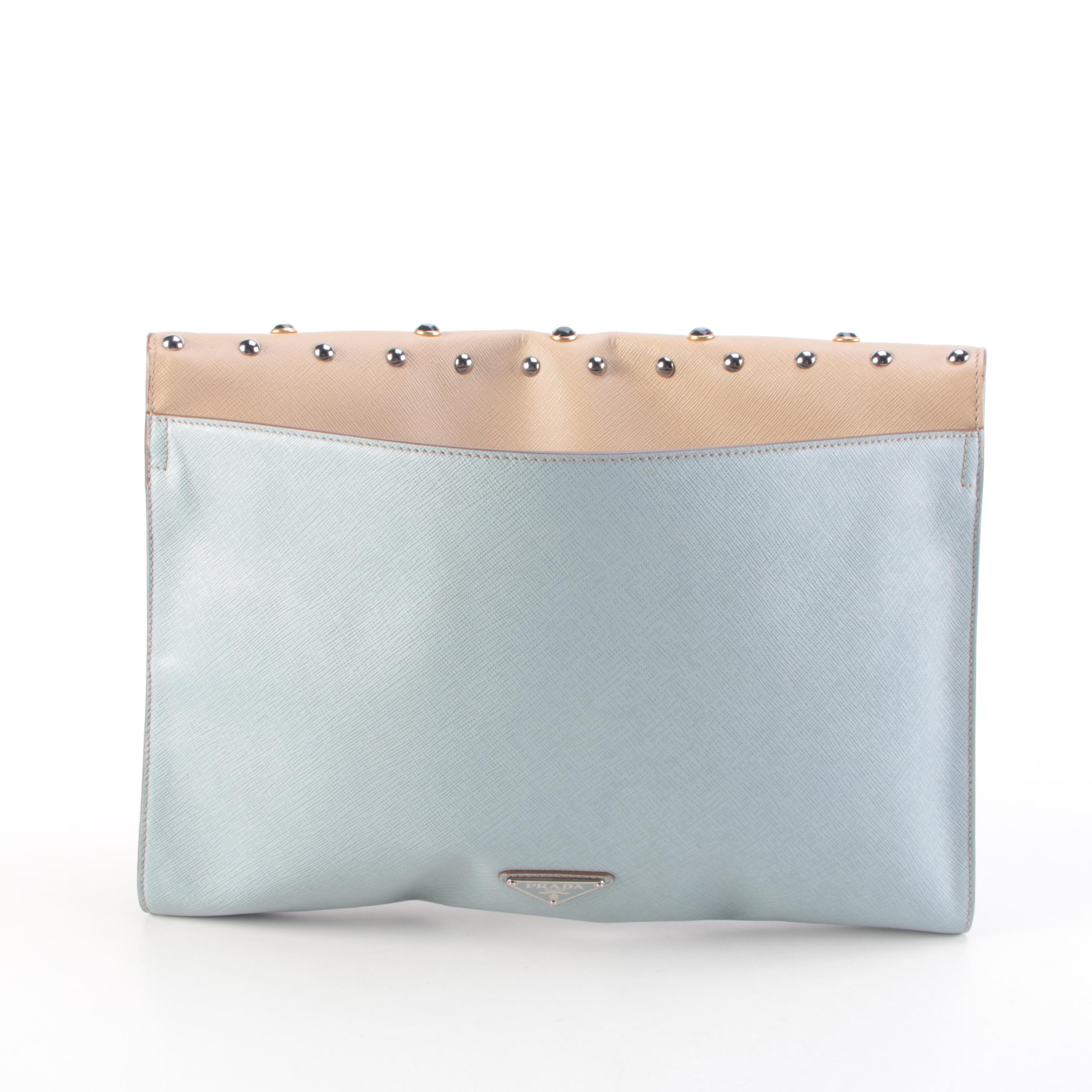 Prada Portfolio Clutch in Studded Bicolor Saffiano Leather