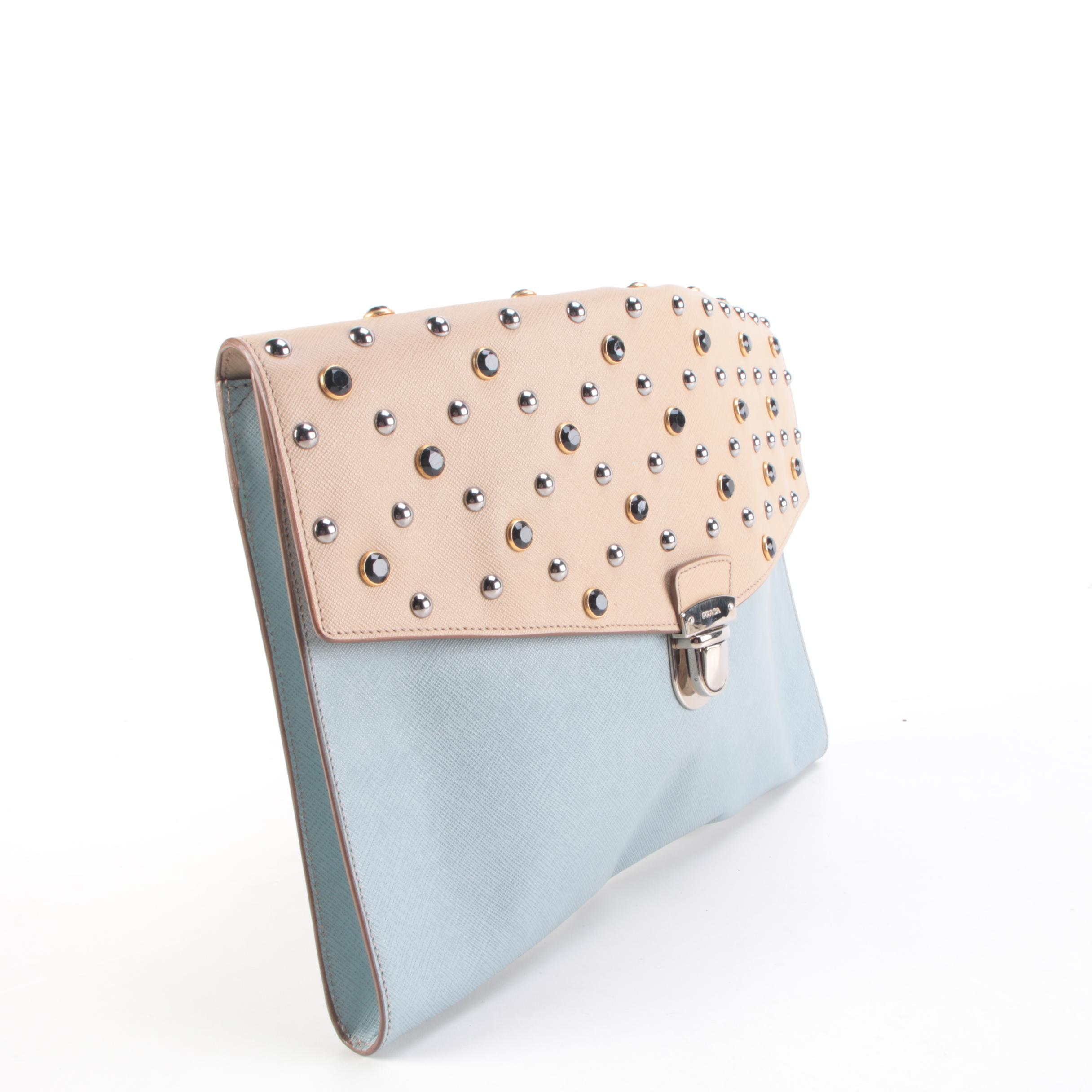 Prada Portfolio Clutch in Studded Bicolor Saffiano Leather