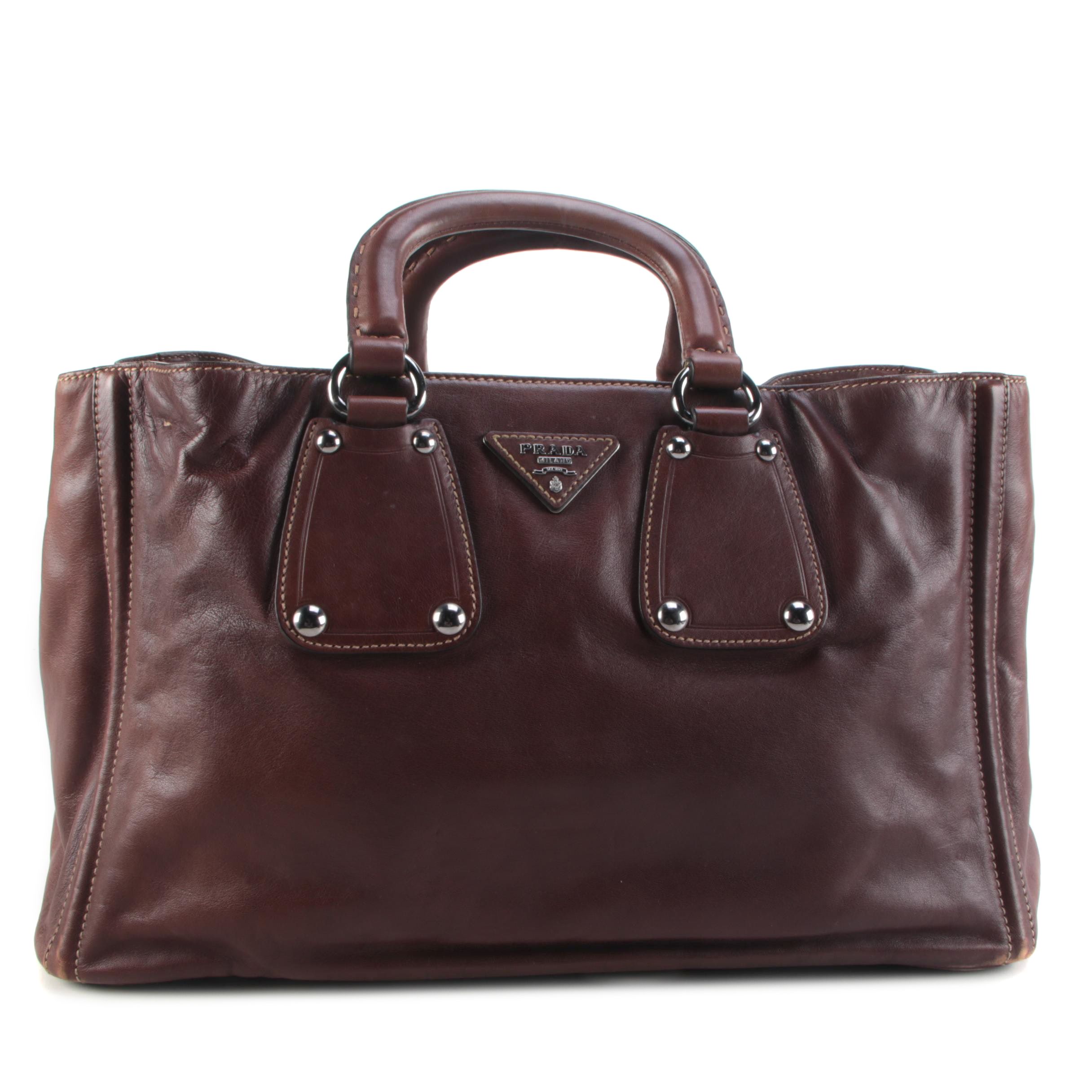 Prada Logo Plaque Brown Leather Holdall