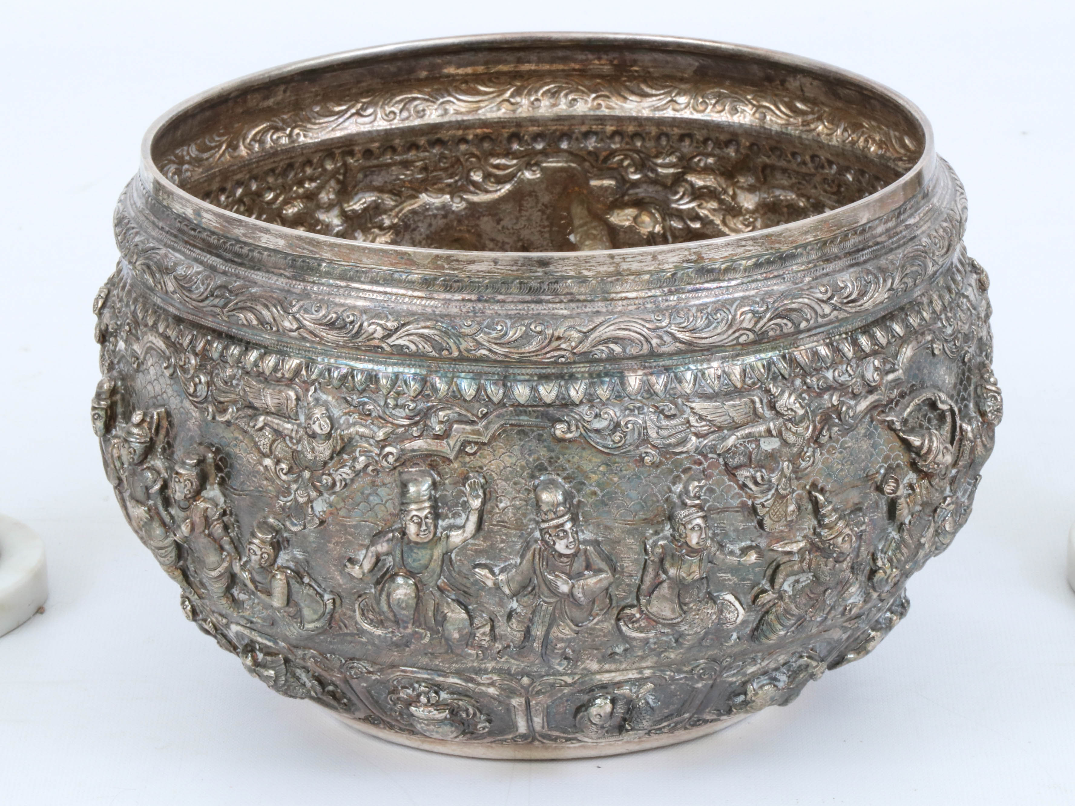 Burmese Thai Handmade Silver Plate Repousse Bowl and Michael Aram Candleholders