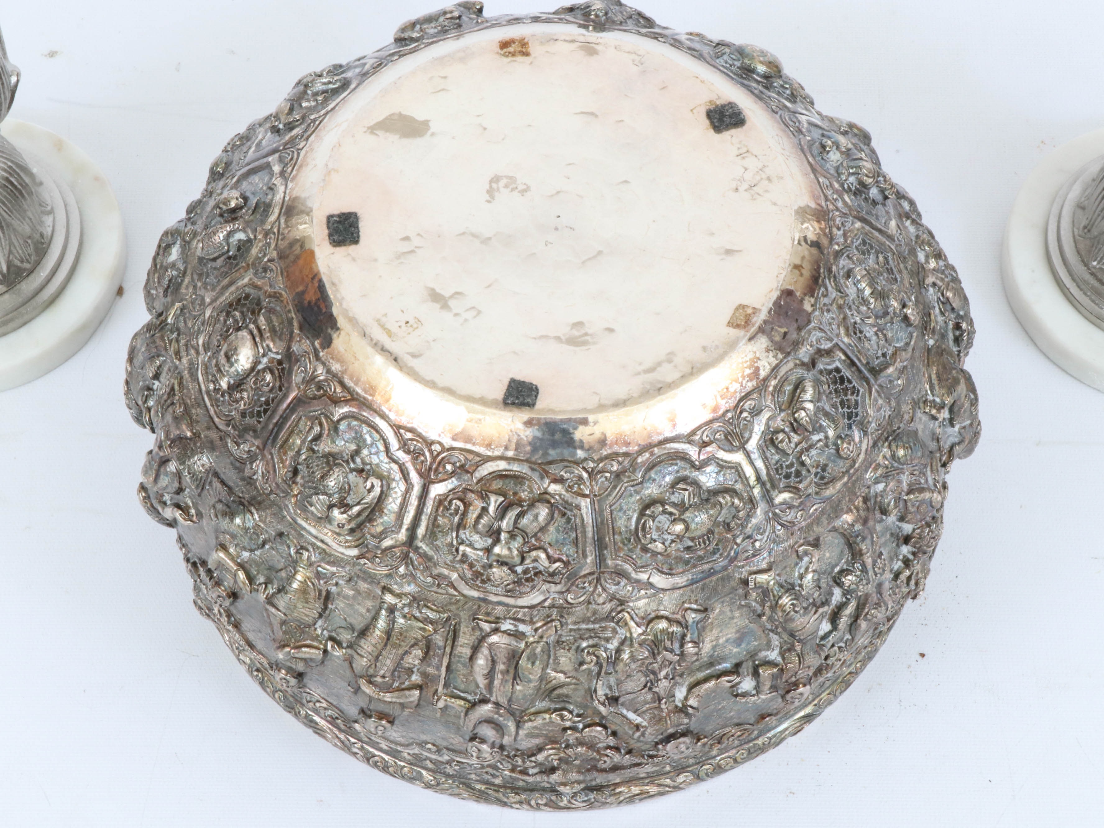 Burmese Thai Handmade Silver Plate Repousse Bowl and Michael Aram Candleholders