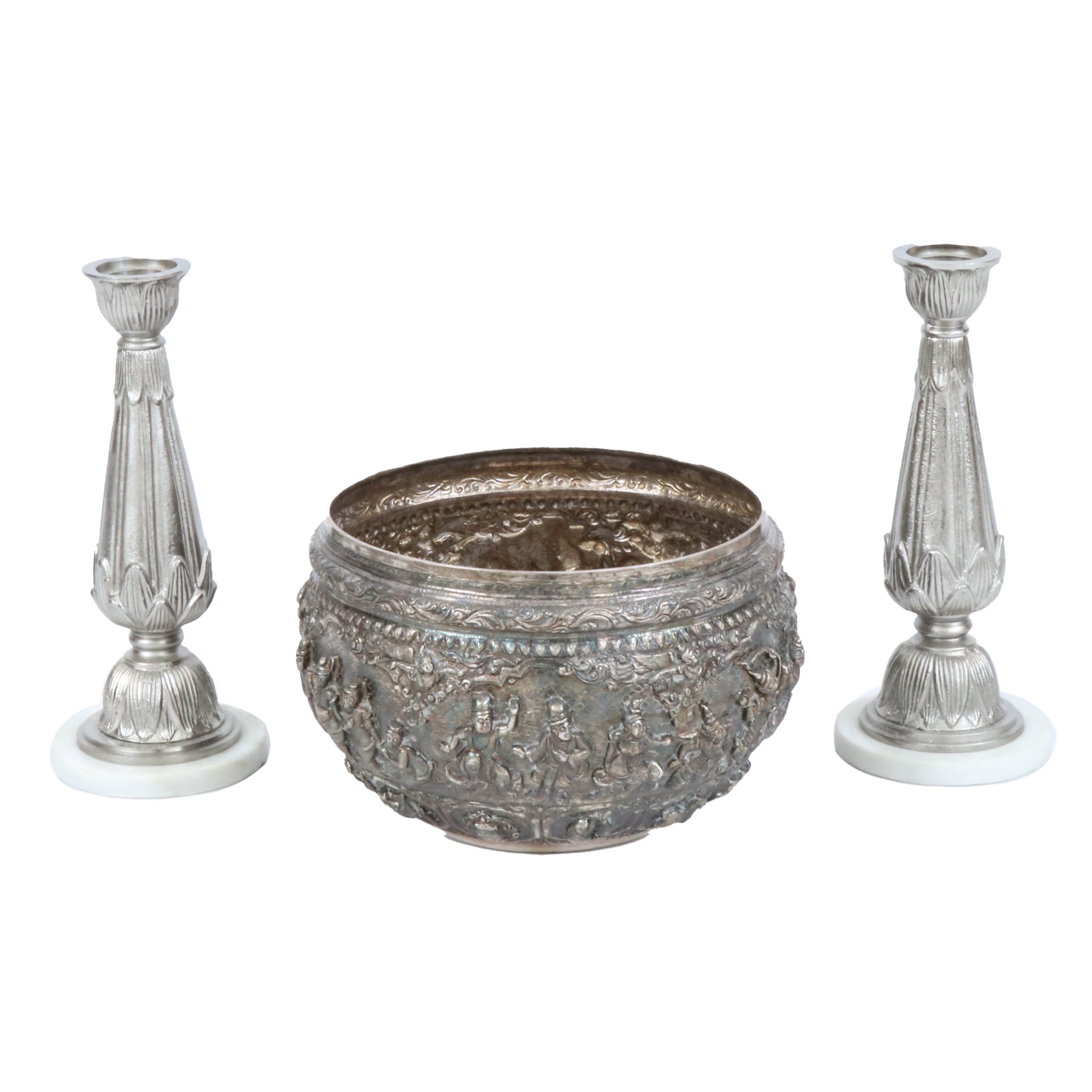 Burmese Thai Handmade Silver Plate Repousse Bowl and Michael Aram Candleholders
