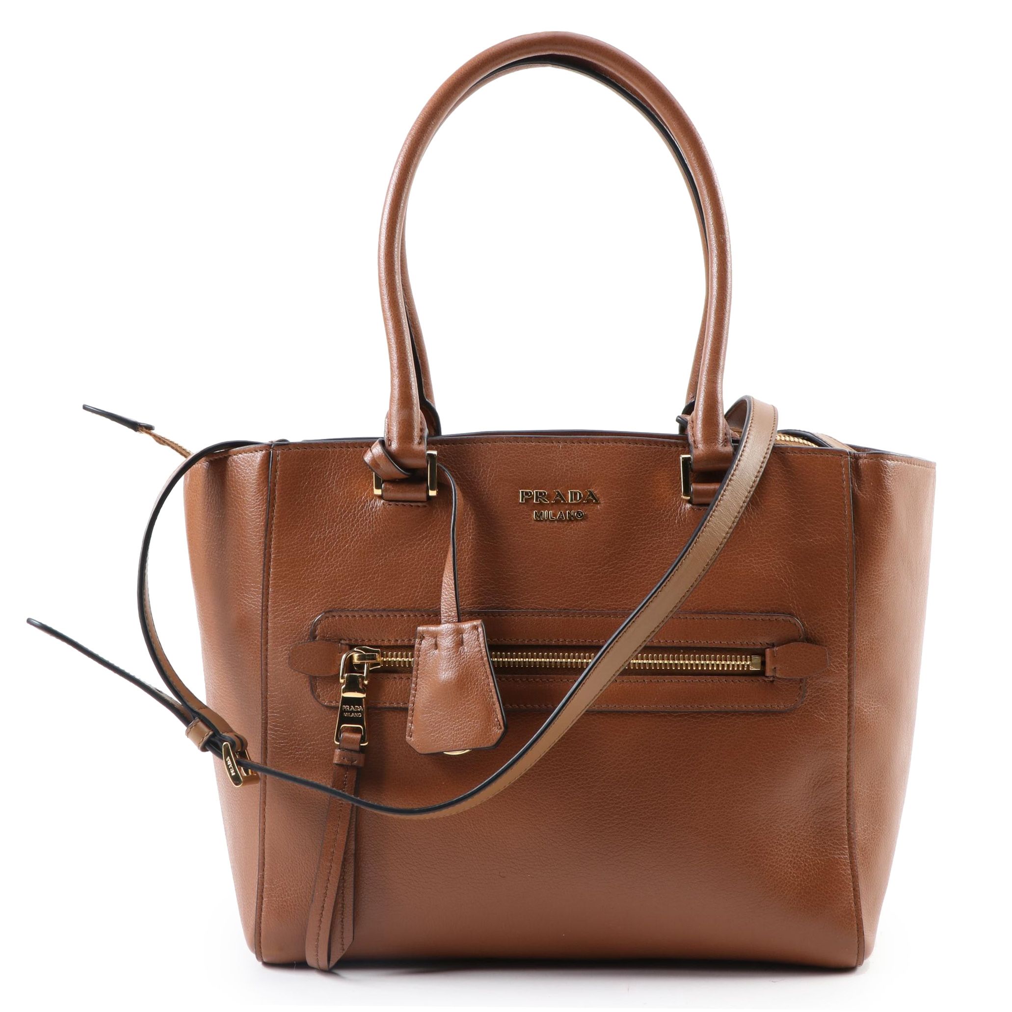 Prada Medium Convertible Shoulder Bag in Cognac Glace Calfskin Leather